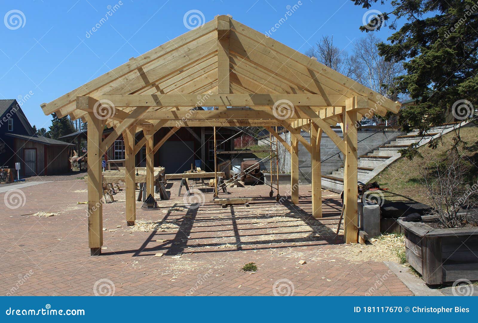 timber frame building being assembled