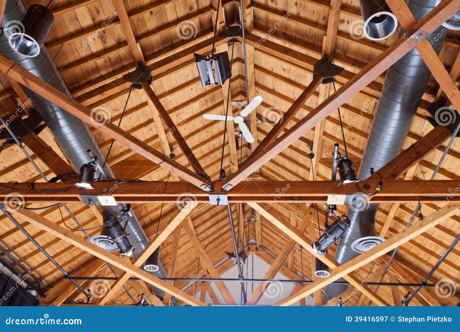 Timber House Ceiling Duct Lighting Installation Stock Image