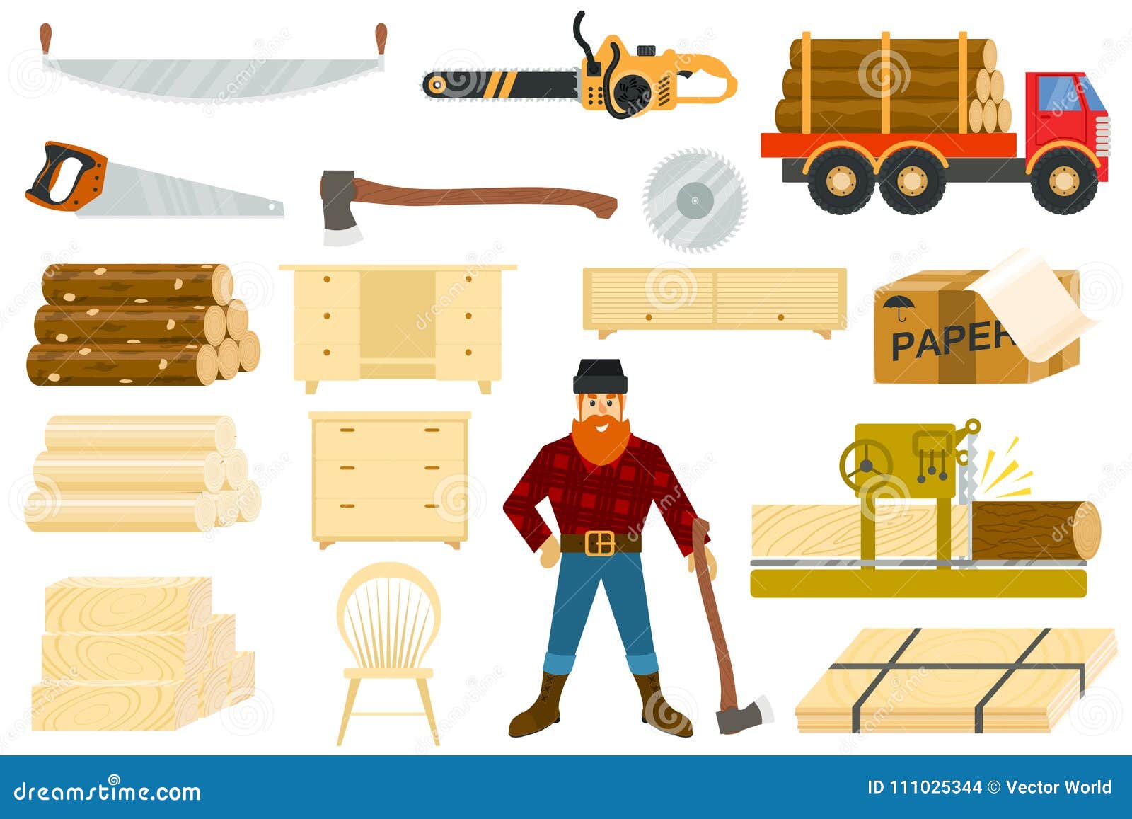 timber  woodcutter character or logger saws lumber or hardwood set of wooden timbered materials in sawmill
