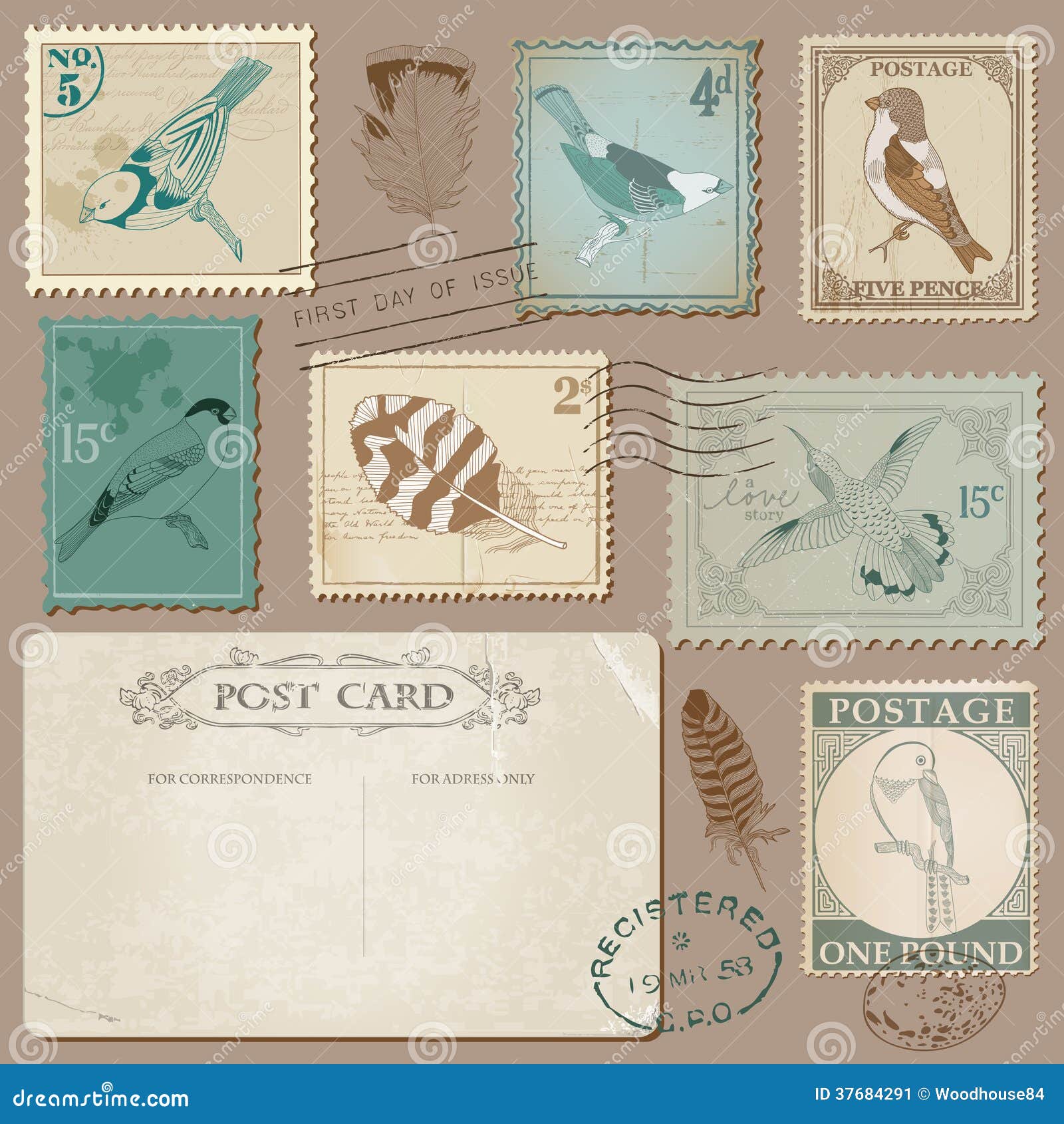 timbres-poste-de-vintage-avec-des-oiseaux-illustration-de-vecteur