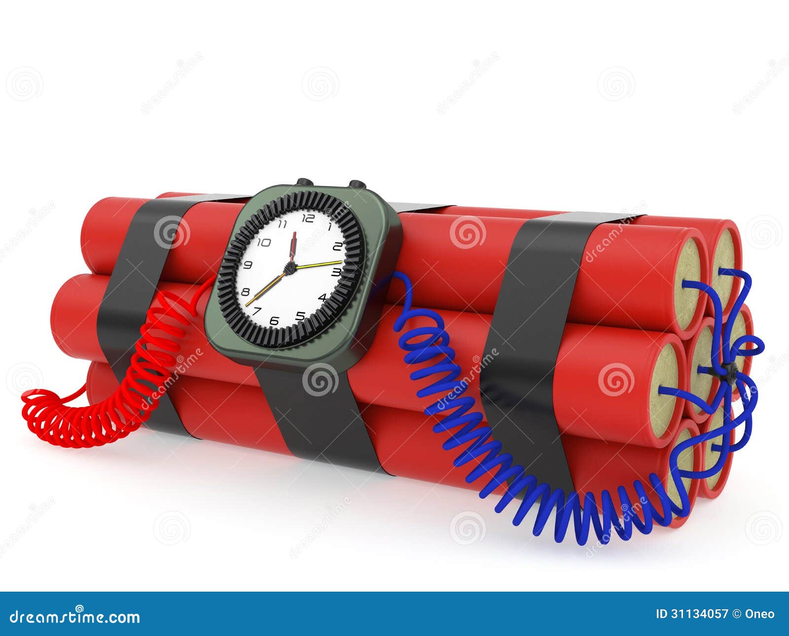time bomb with dynamite and clock detonator on white