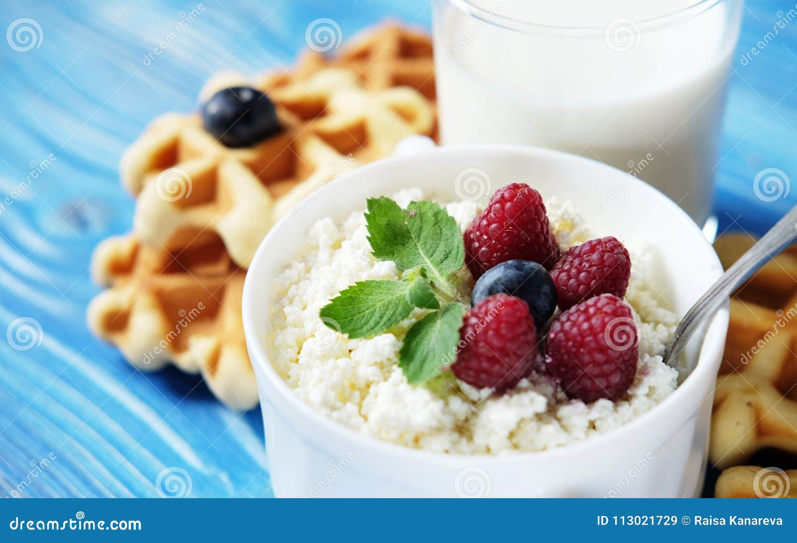 Time For Breakfast Cottage Cheese With Berries Waffles And Milk