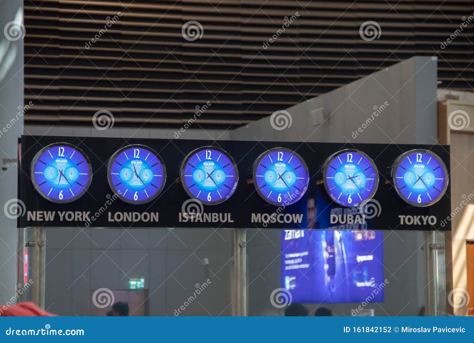 Time Clocks with Time Zones at Airport Editorial Photography Image of