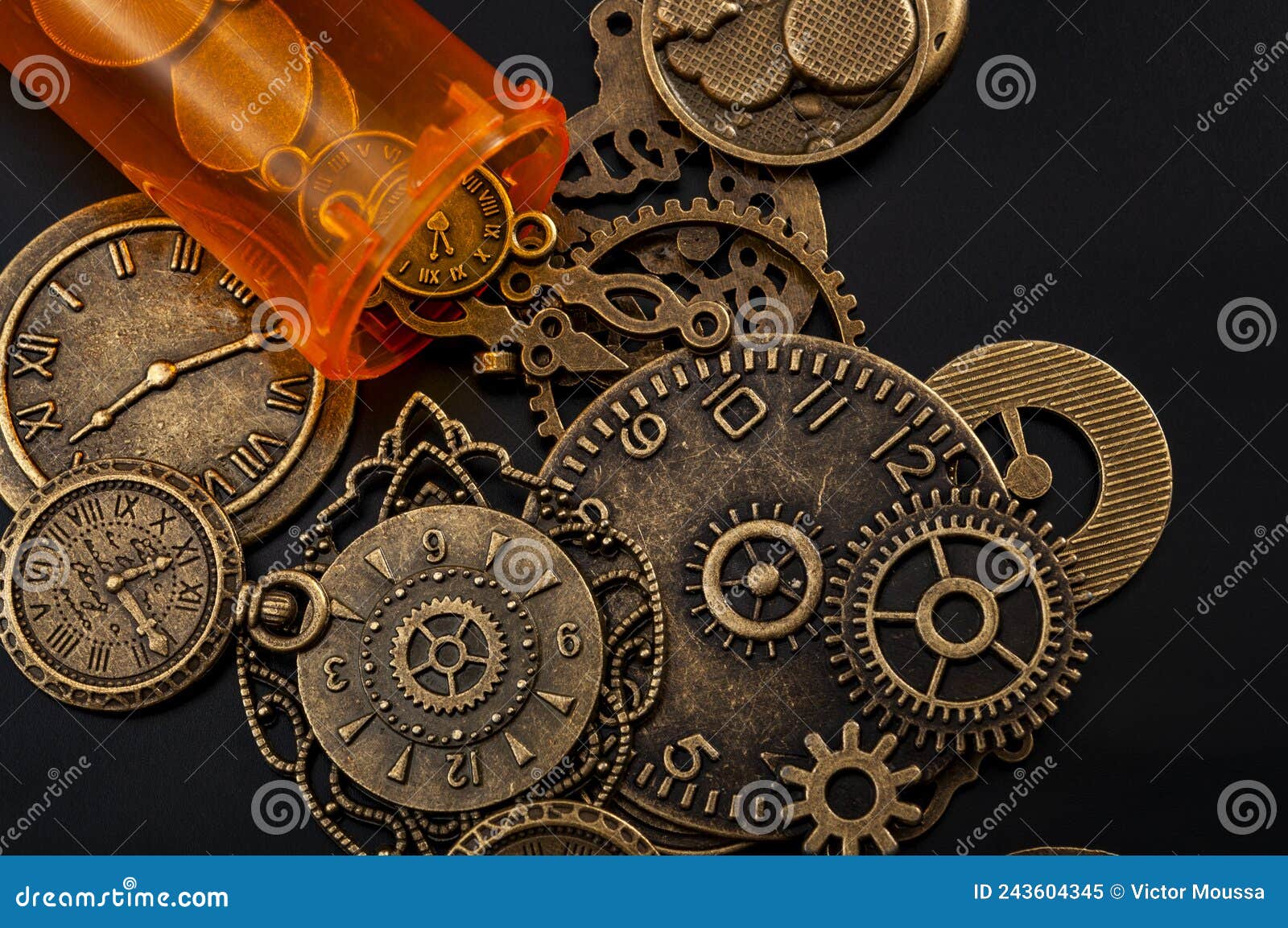 time cures everything or time heals every pain concept with a bottle of prescription painkiller bottle and small metallic clock