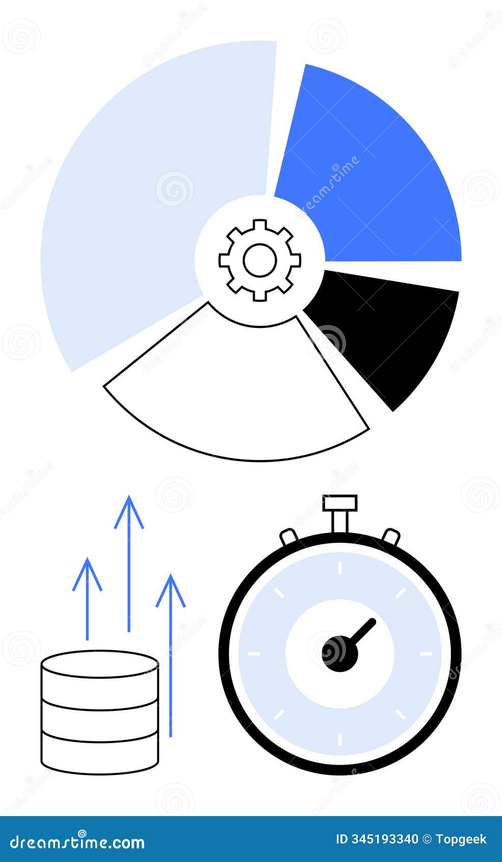 time and data optimization illustrated with pie chart, stopwatch, and database 