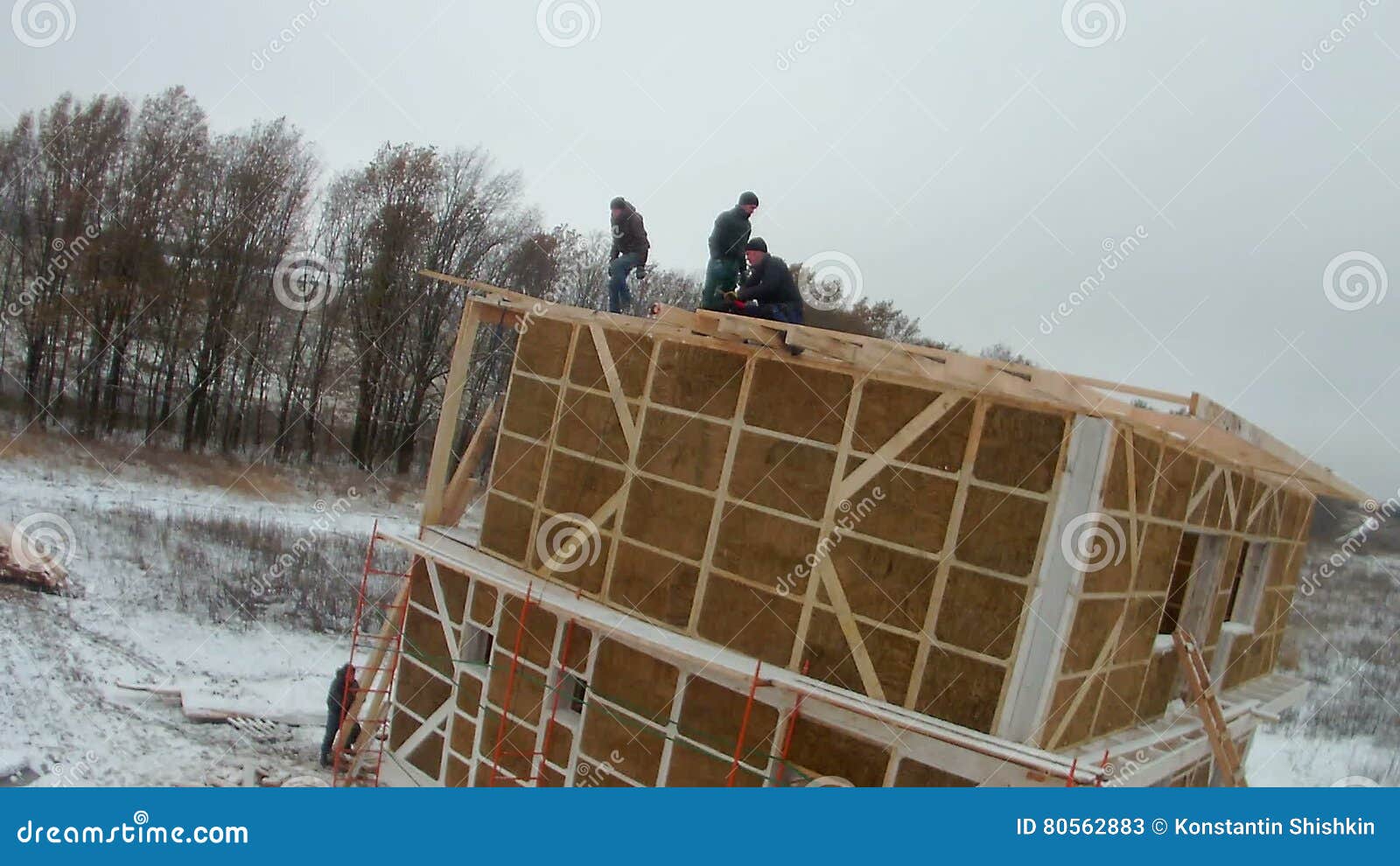 Timelapse of Construction House of Straw Bales. Installation of Walls