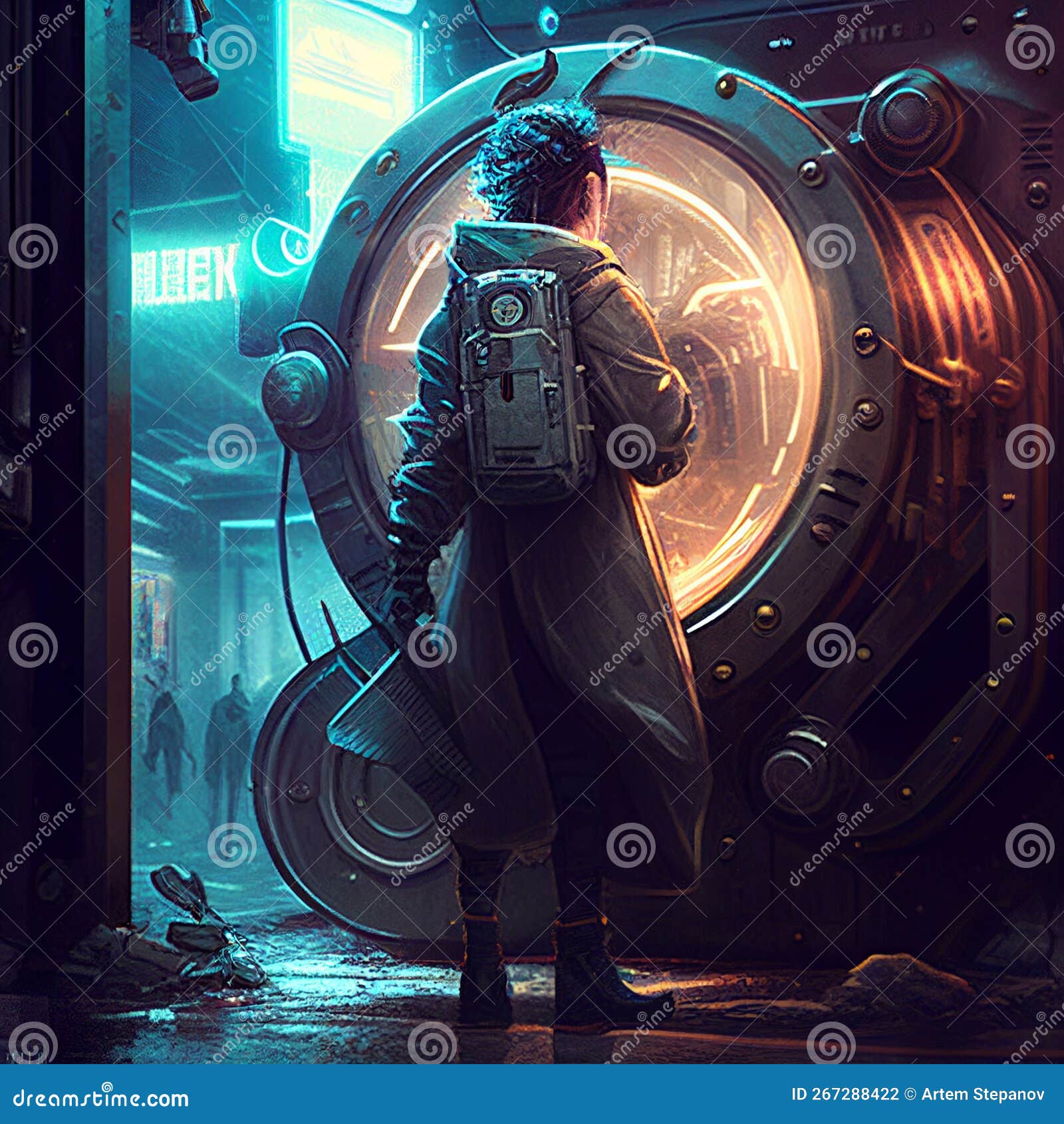 Time Machine, Time Traveler Look in Cyberpunk Computer, Retro Style,  Abstract Futuristic Time Machine Stock Illustration - Illustration of style,  look: 267288422