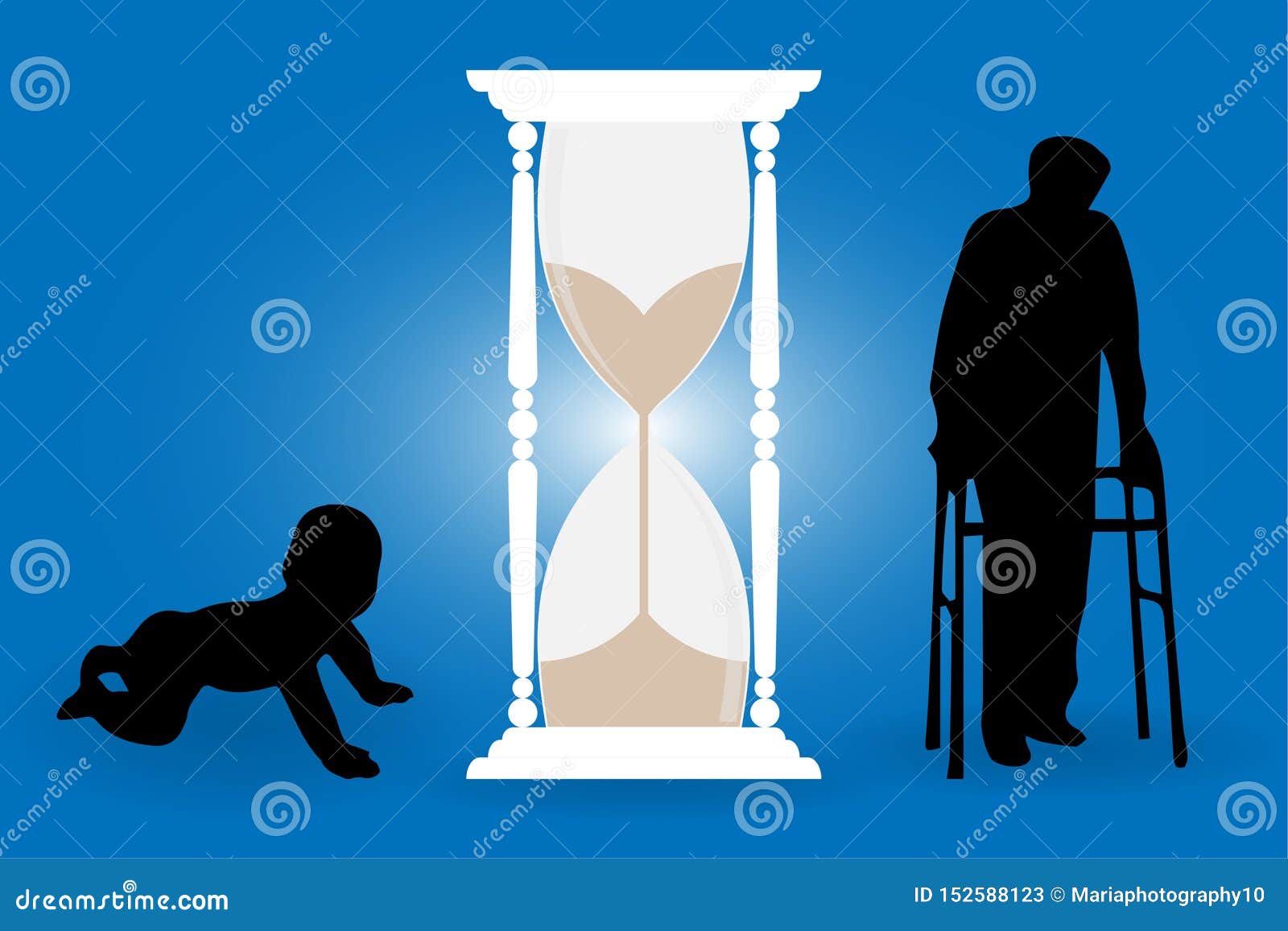 Time Passing Concept Baby and Old Man with Walker Silhouetters and an Hourglass or Clepsydra between Them Stock Illustration Illustration of baby elderly 152588123