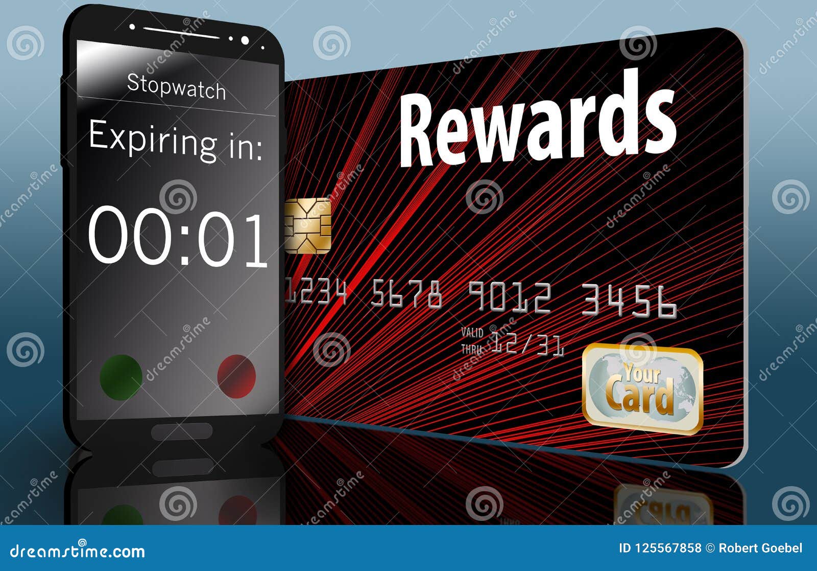 time is running out on expiring credit card rewards and a time on a cell phone next to a card makes this point.