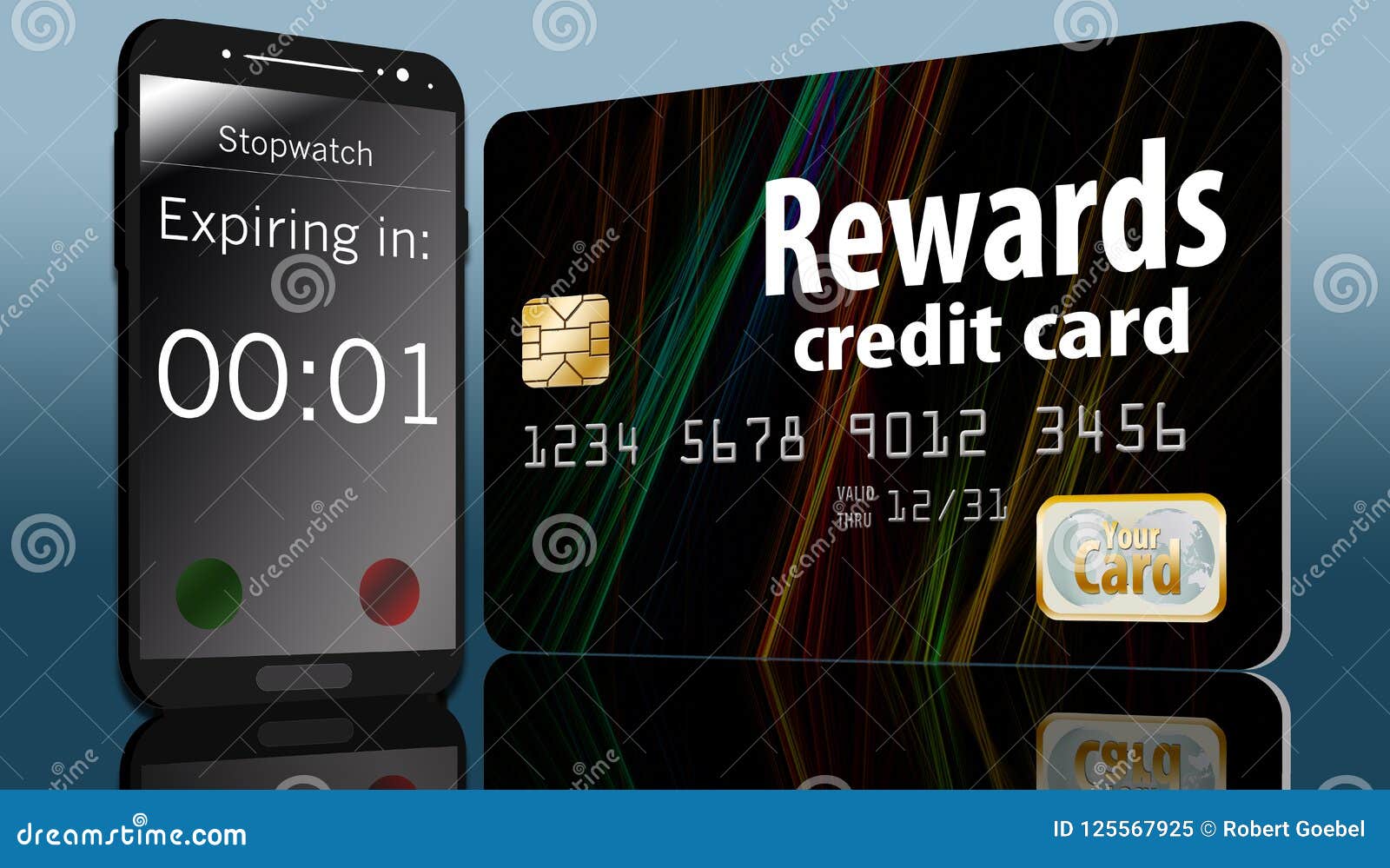time is running out on expiring credit card rewards and a time on a cell phone next to a card makes this point.