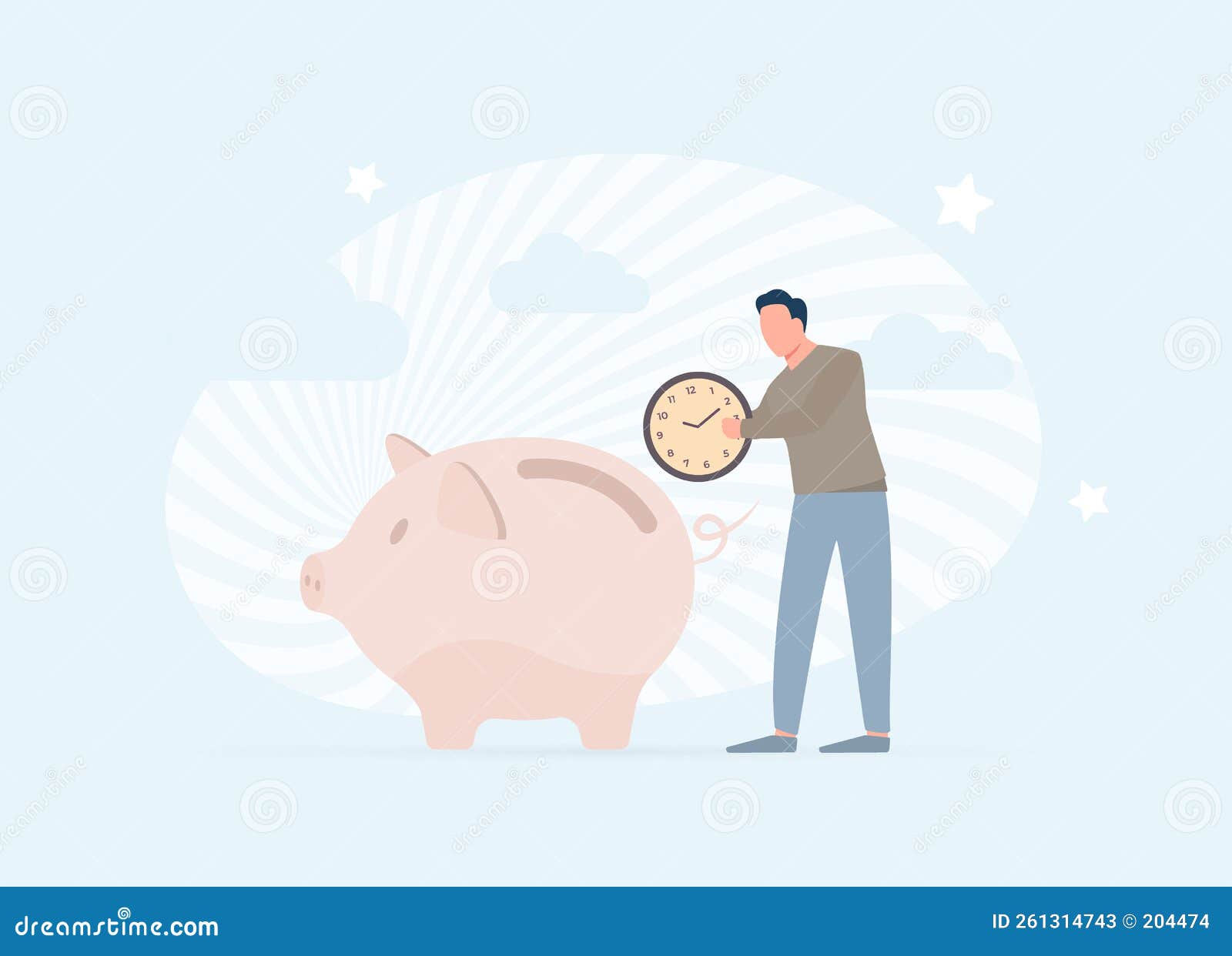 time saving   concept with man putting clock face into piggy bank. timesaving services with work