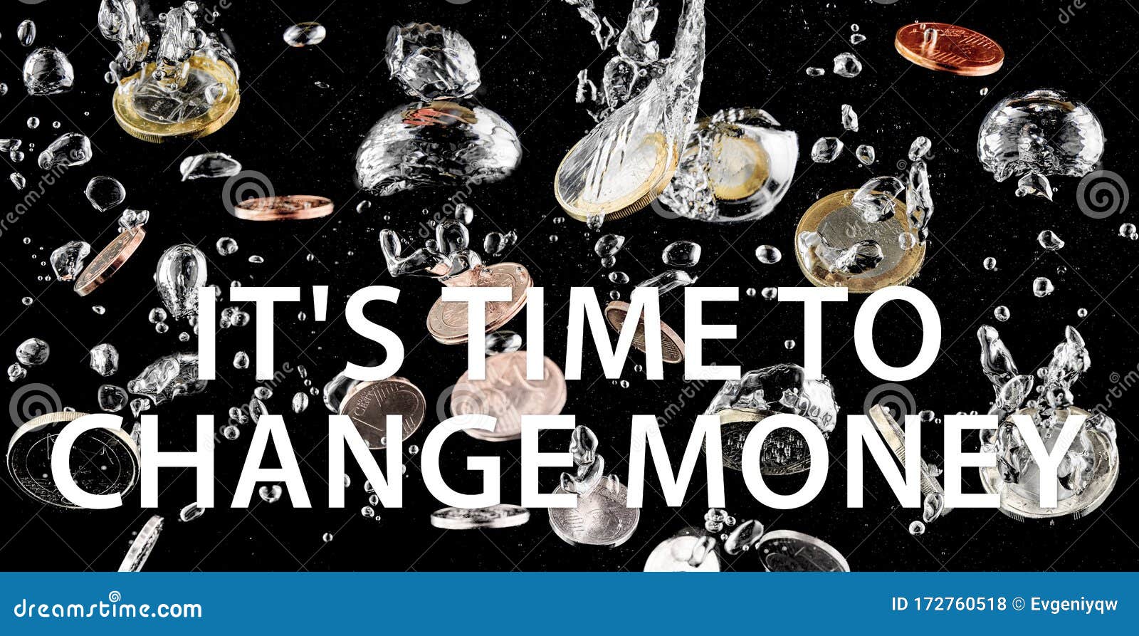 Time To Change Money. Splash of Coins Falling into the Water Stock