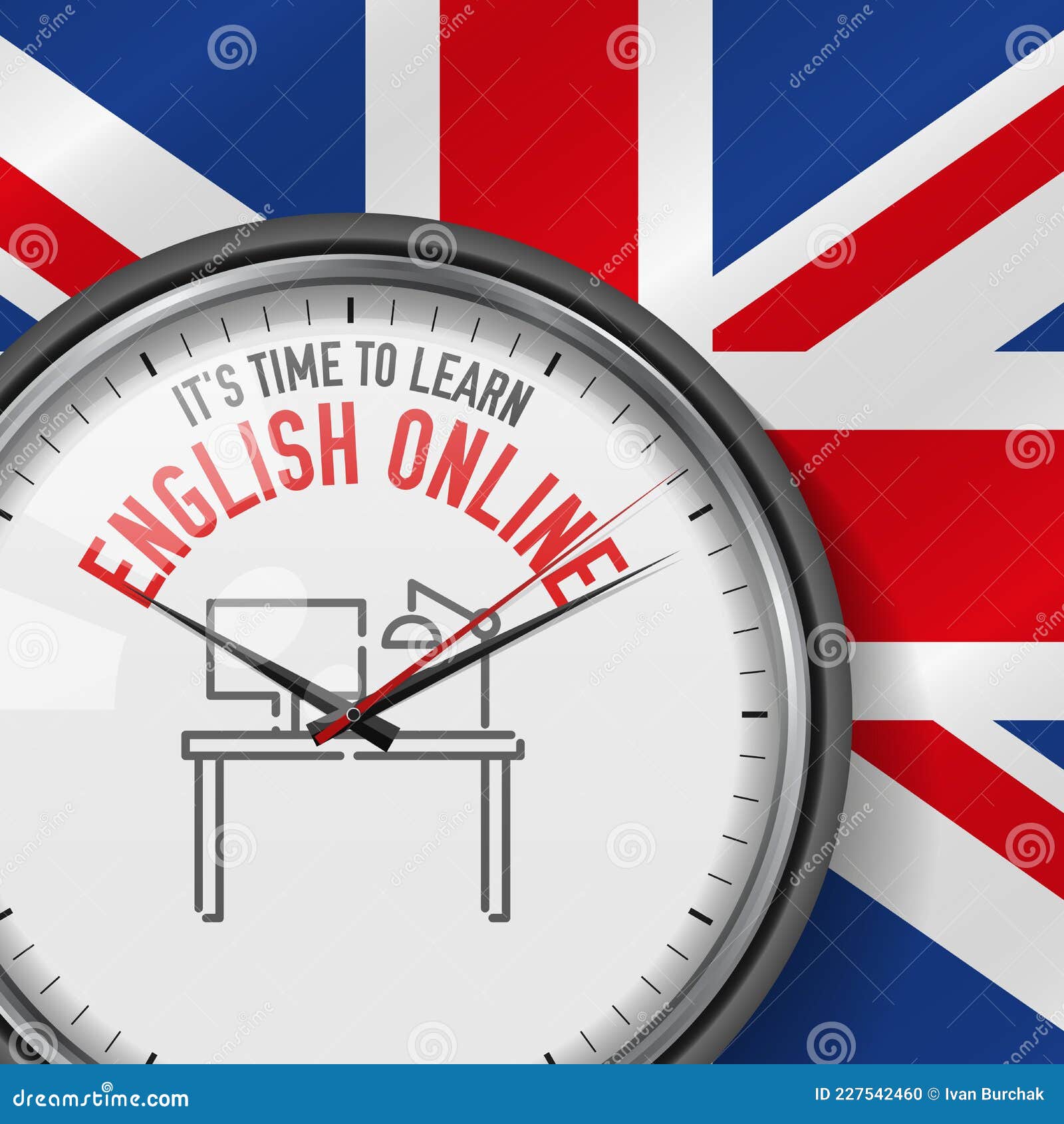 time to learn english online. white  clock with motivational slogan. analog metal watch with glass. desk icon