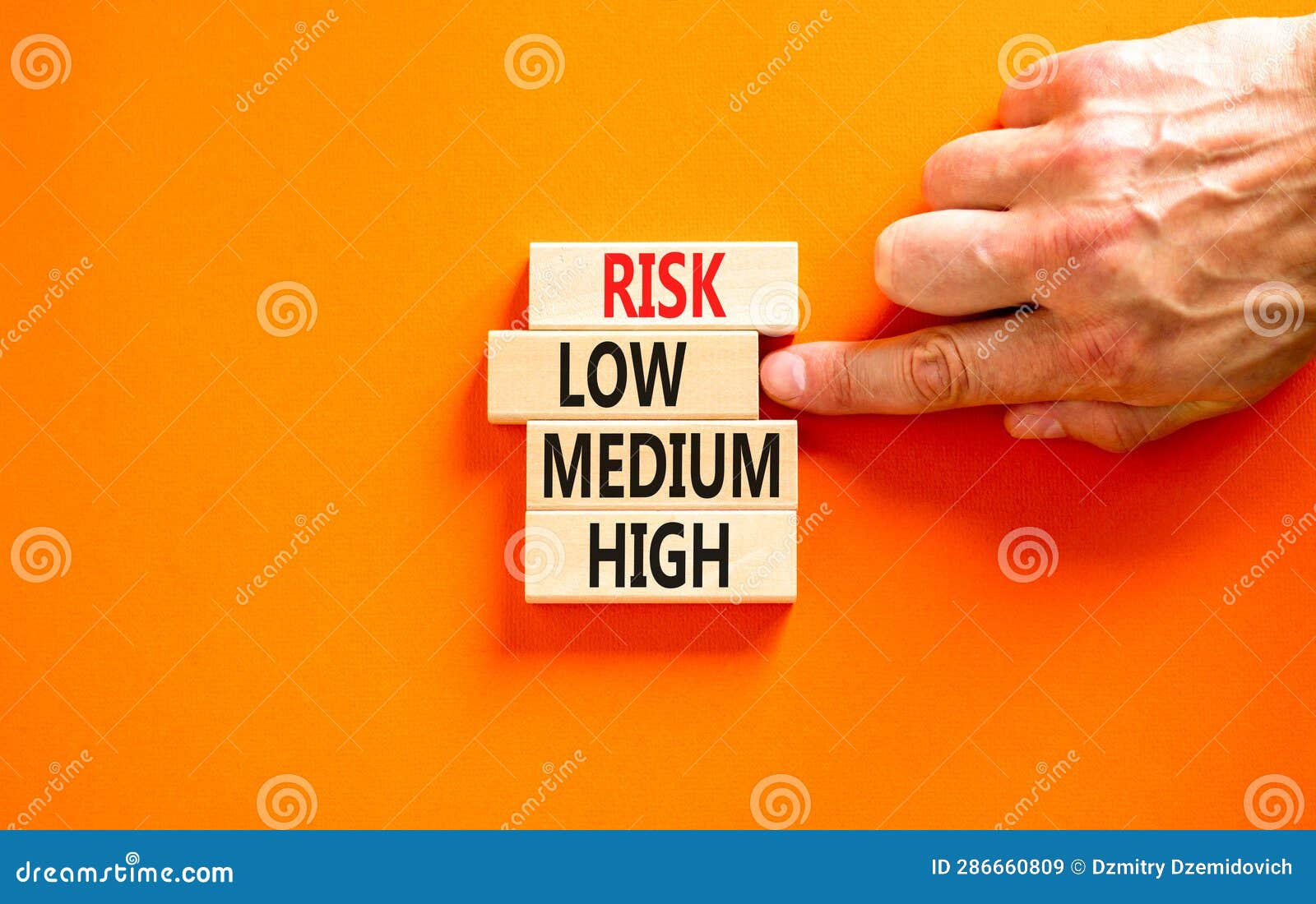 Time To Low Risk Symbol. Concept Word Risk Low Medium High on Wooden