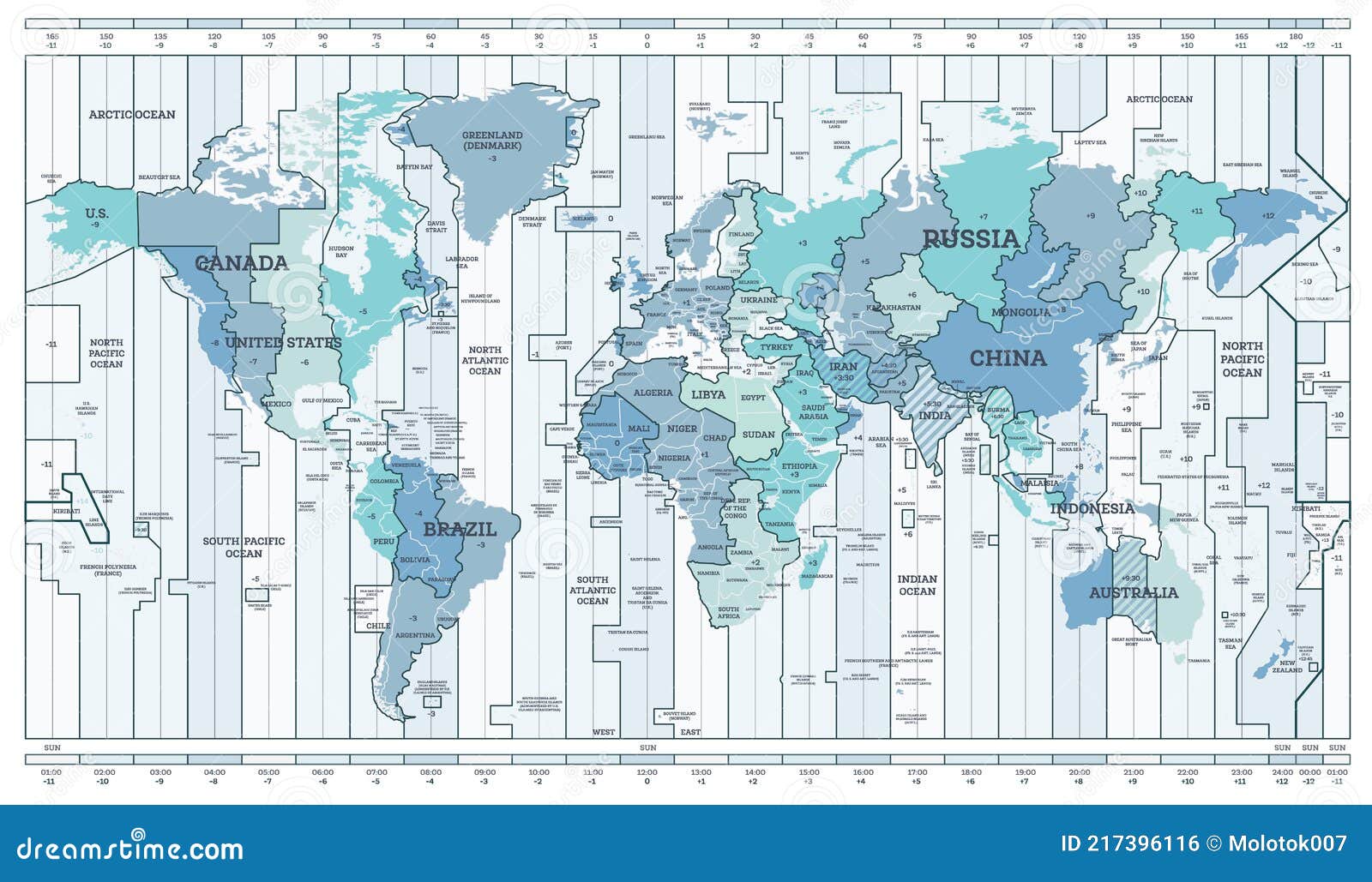 time zone blue map. detailed world map with countries names