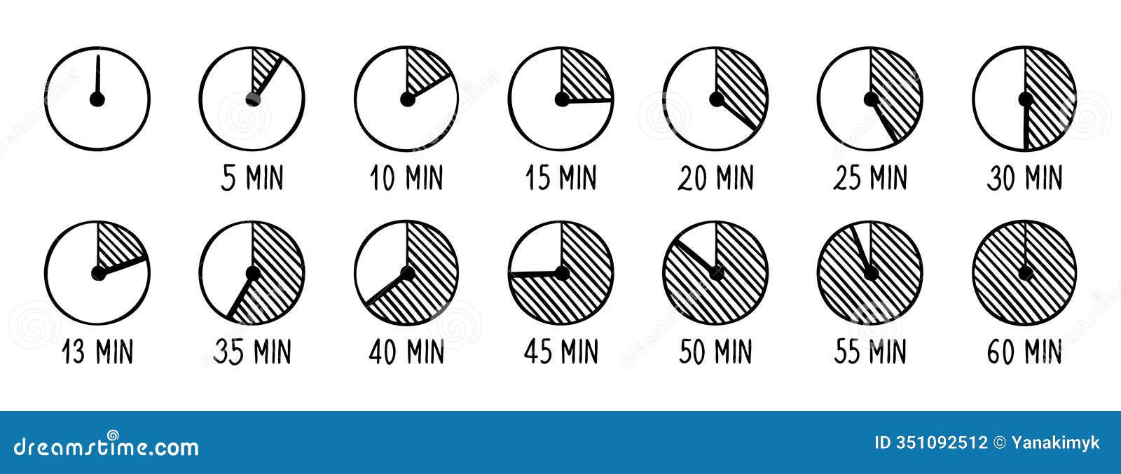 timer doodle icons set. stopwatch on 0, 5, 10, 13, 15, 20, 25, 30, 35, 40, 45, 50, 55, and 60 minutes. half and quarter