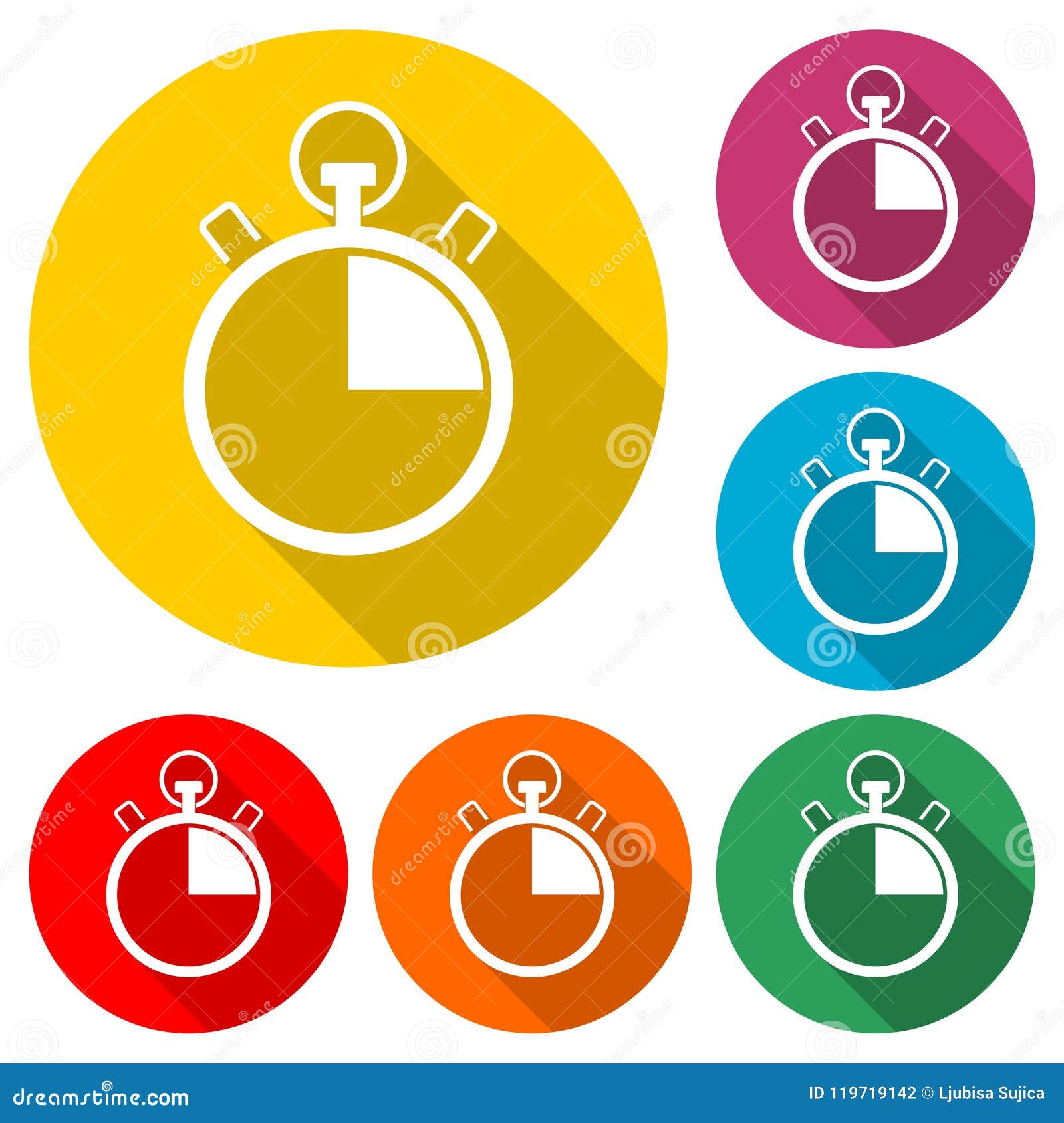 Timer Icon, Stop Watch Icon, Color Icon with Long Shadow Stock