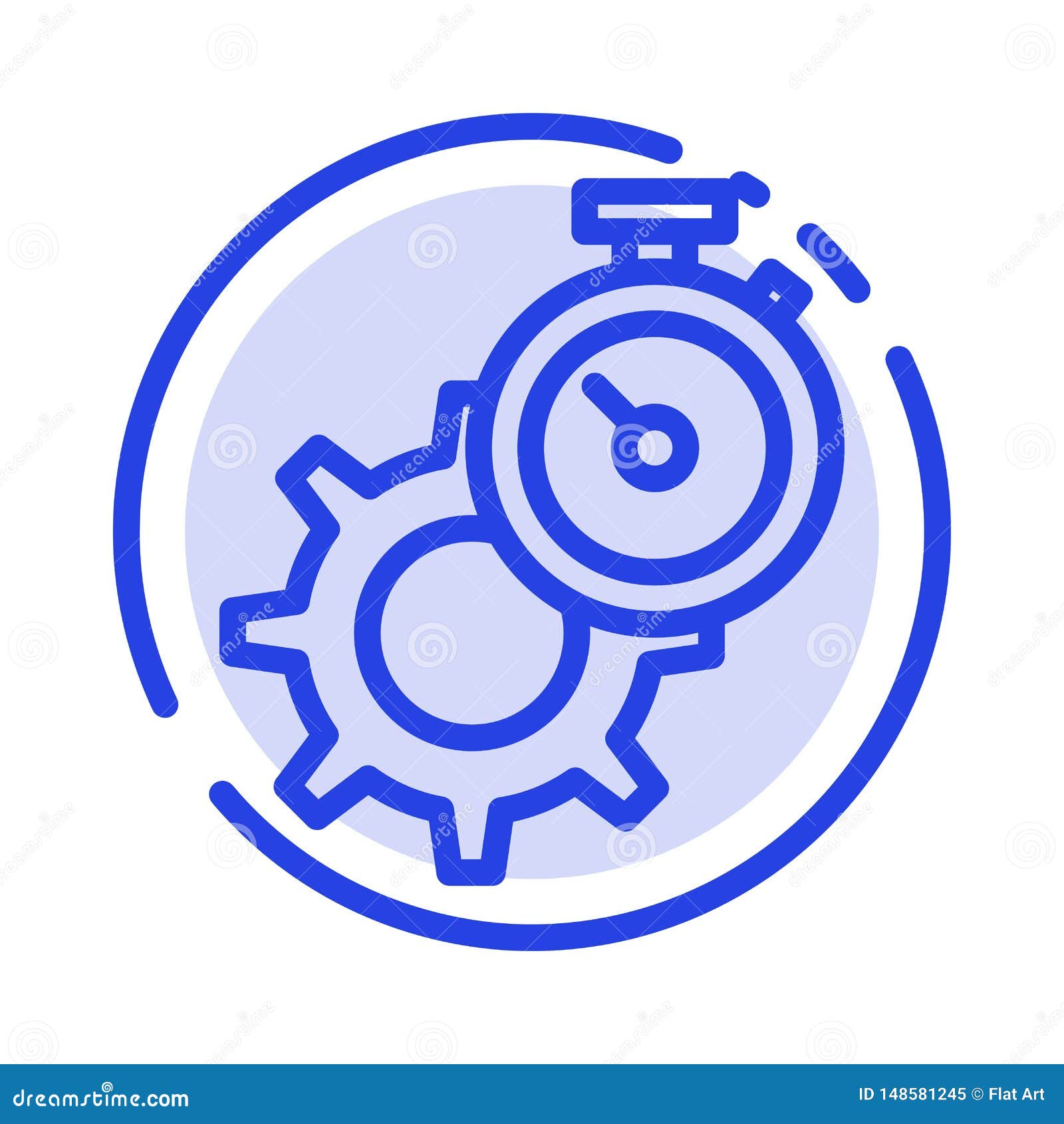 Timer, Time, Gear, Setting, Watch Blue Dotted Line Line Icon Stock