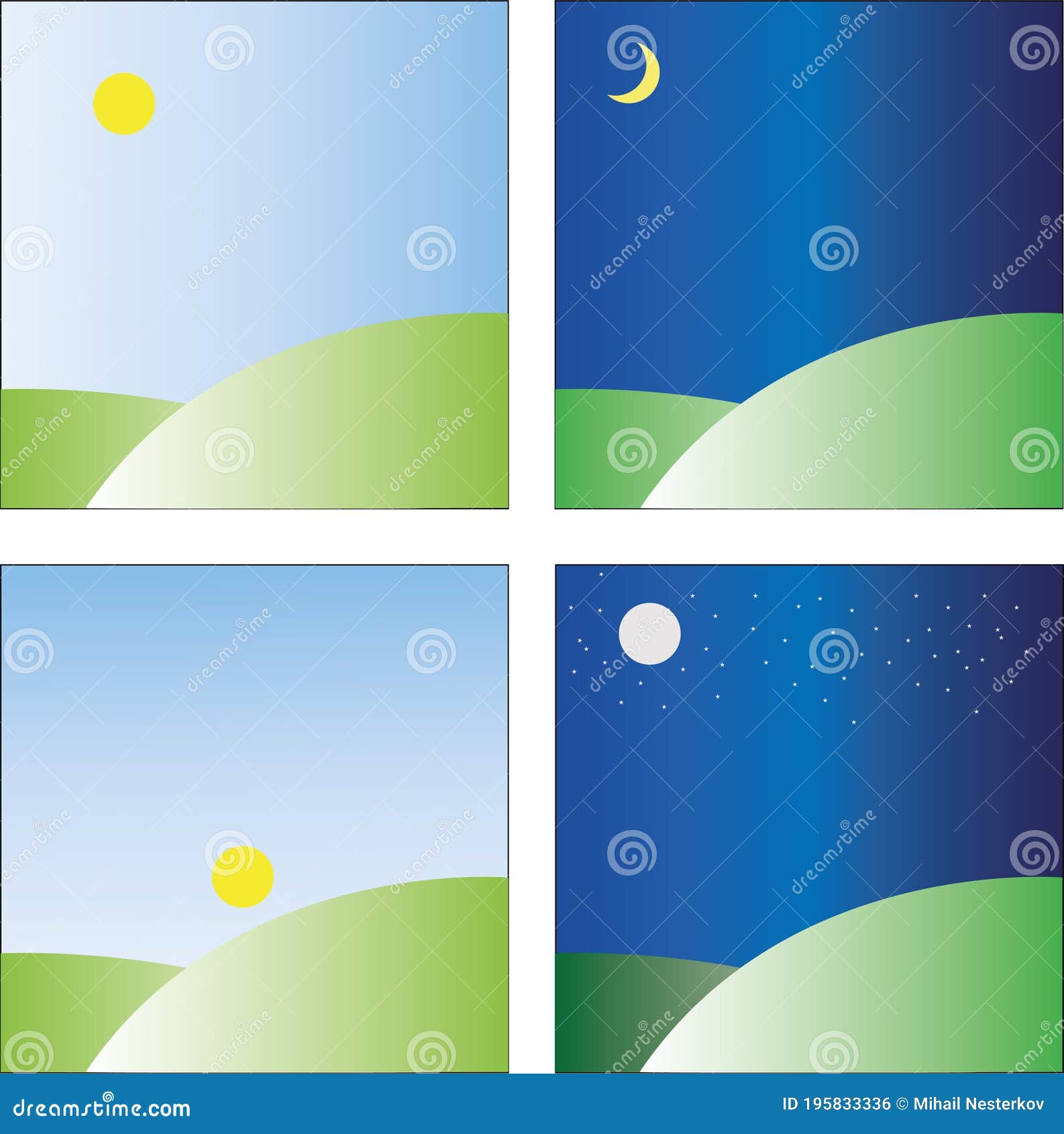 Four Times Of The Day: Morning, Afternoon, Evening And Night Vector ...