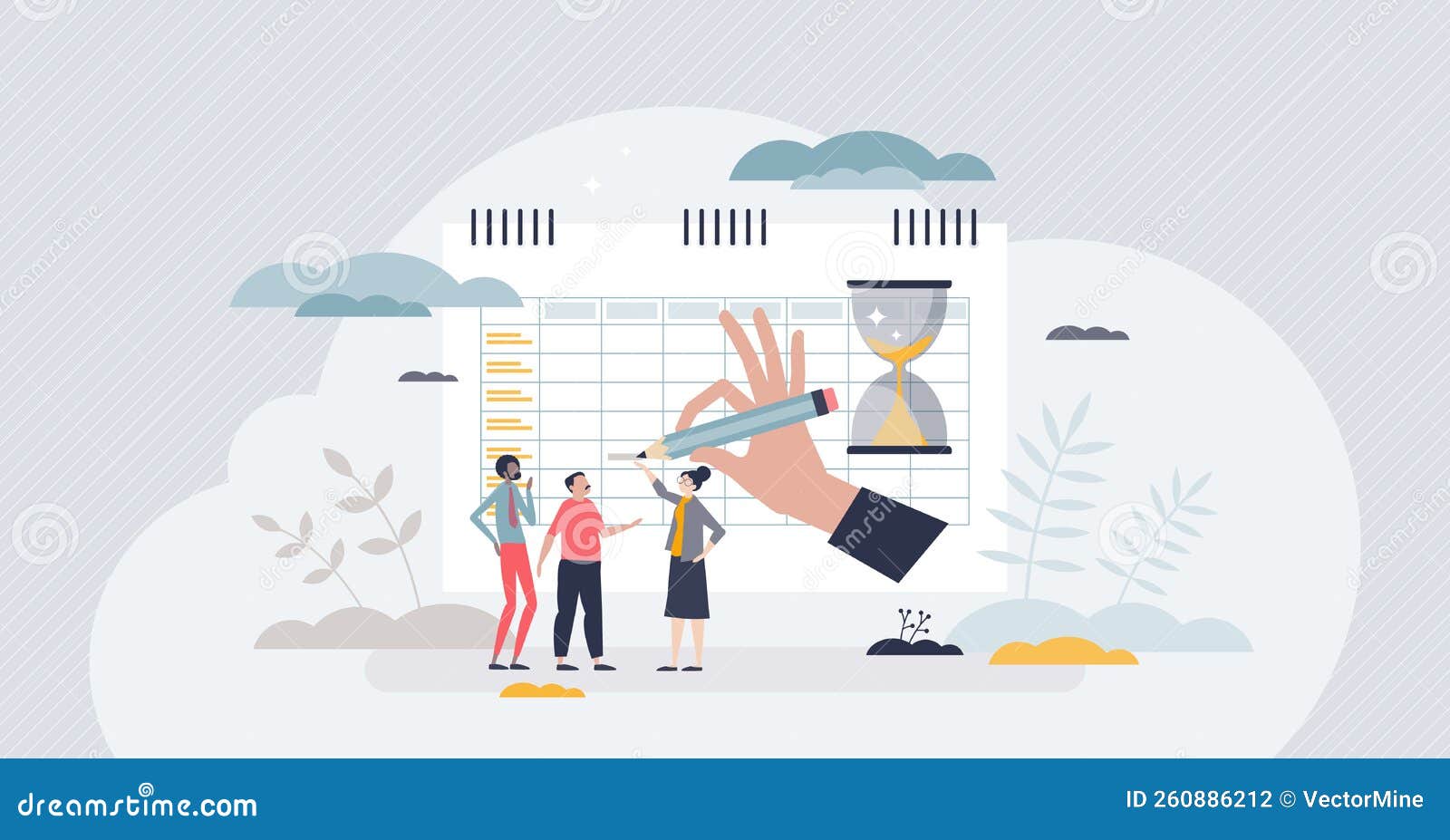 timesheets and time schedule for personell work hours tiny person concept