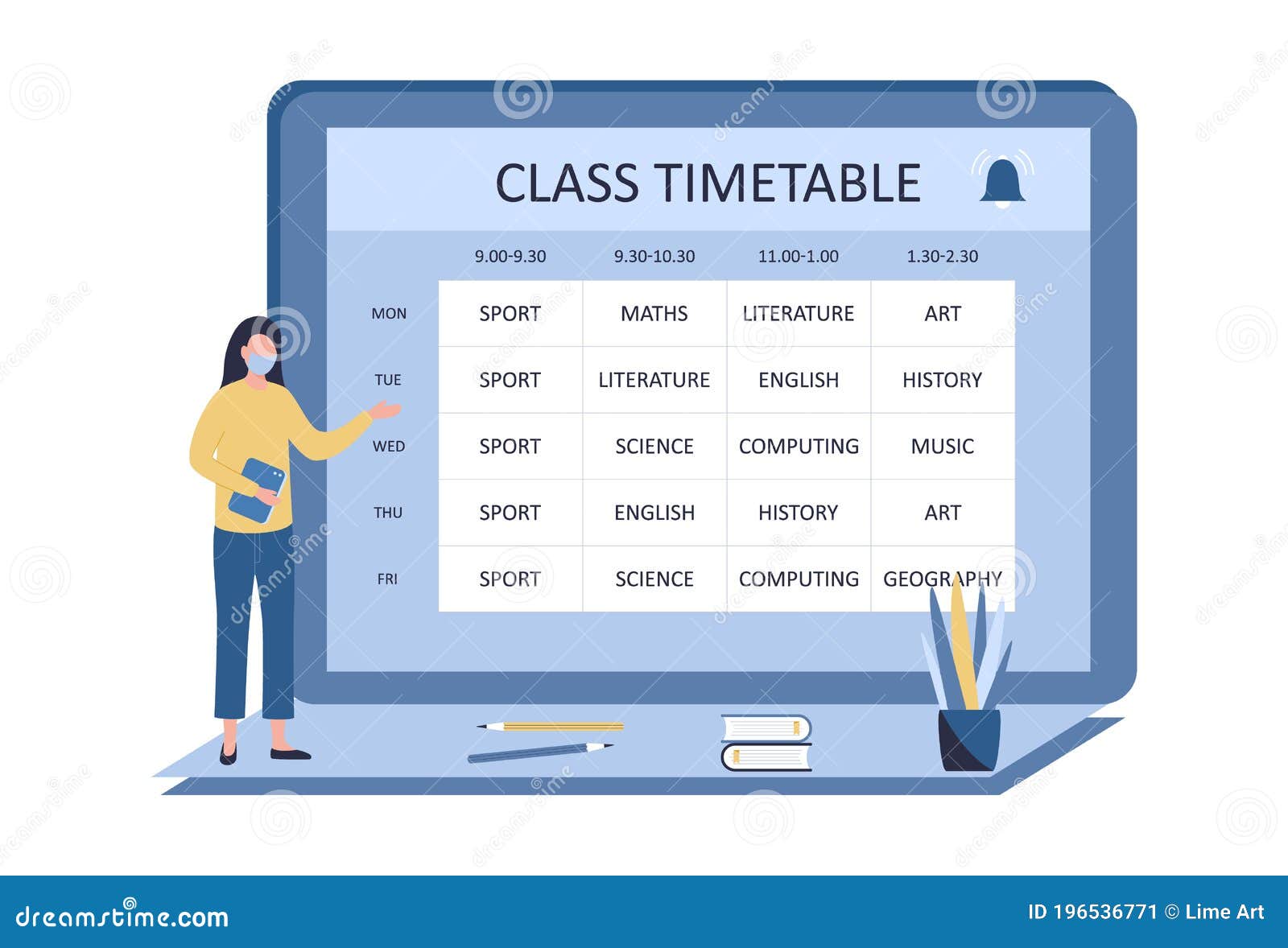 Timetable Class, Online Lesson Schedule Concept. The Teacher In A  Protective Mask With A Tablet Near The Curriculum Stock Vector -  Illustration Of Calendar, Curriculum: 196536771