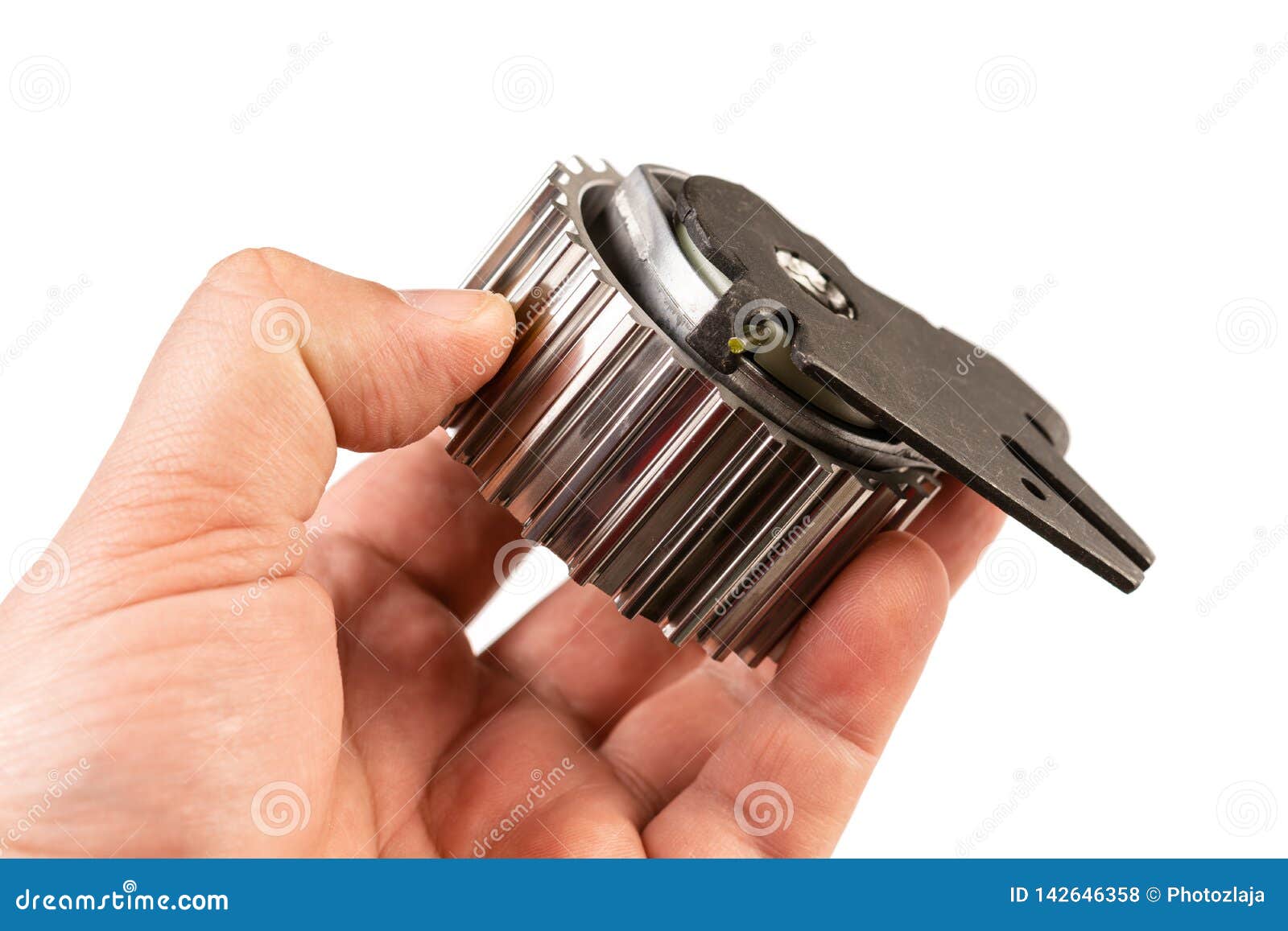 Timing Belt Gear Wheel in the Hand Above White Background Stock Photo