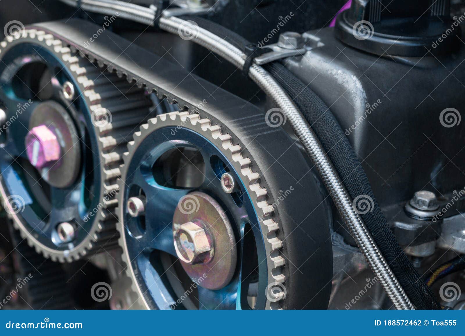 timing belt and twin camshaft sprocket in engine racing car