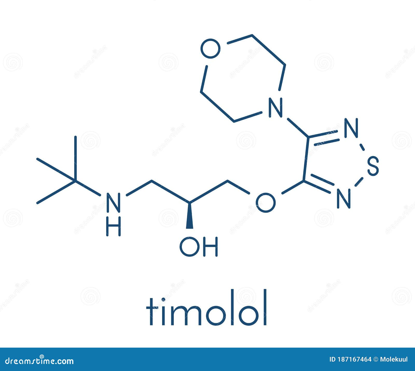 timolol beta-adrenergic receptor antagonist drug molecule. used in treatment of glaucoma, migraine, hypertension, etc. skeletal.