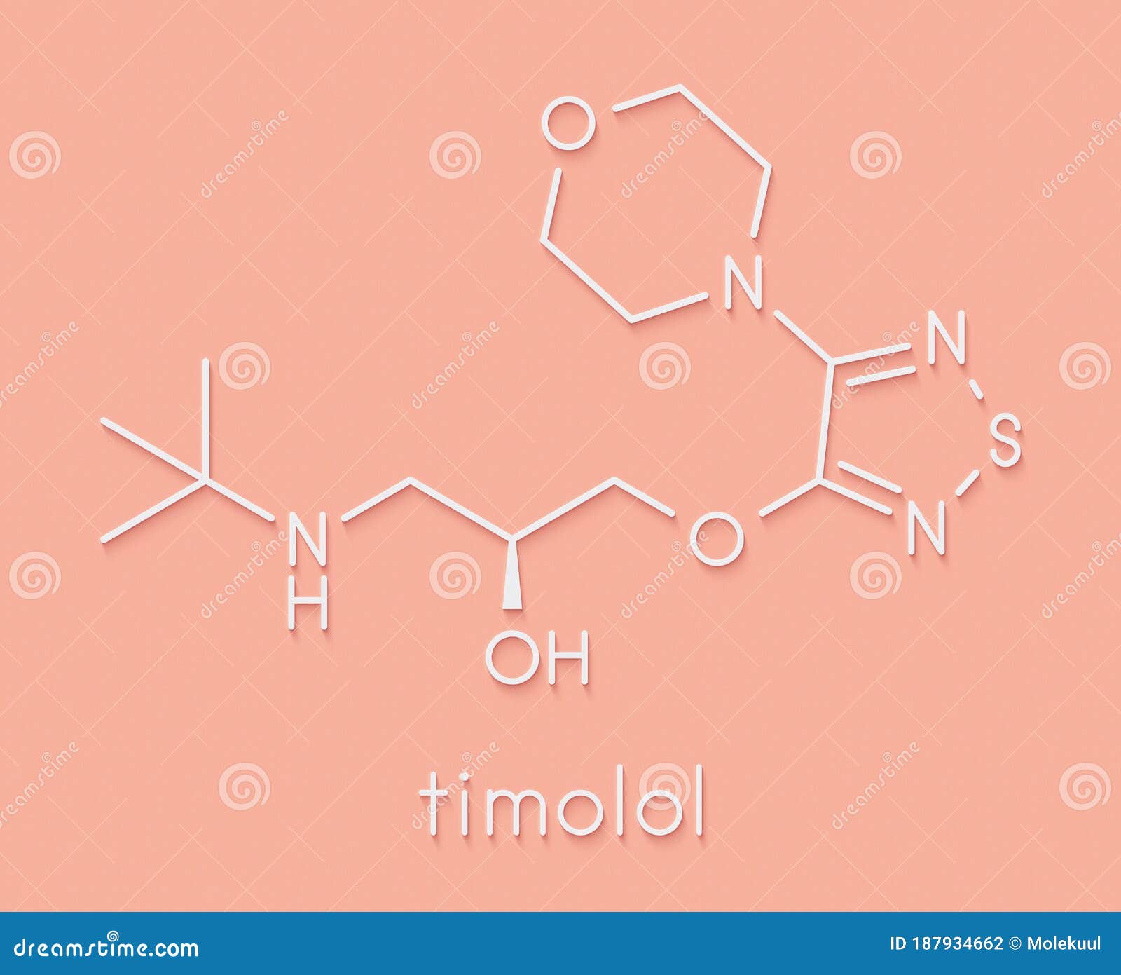 timolol beta-adrenergic receptor antagonist drug molecule. used in treatment of glaucoma, migraine, hypertension, etc. skeletal.