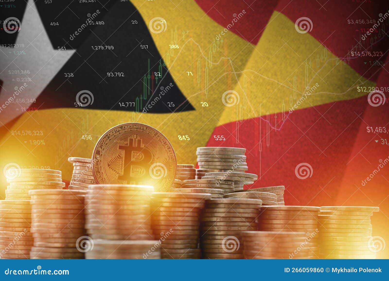 timor leste flag and big amount of golden bitcoin coins and trading platform chart. crypto currency