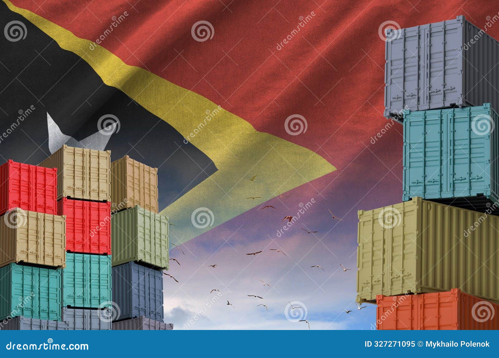 timor leste flag and big stack of shipping cargo containers in docks with sky background