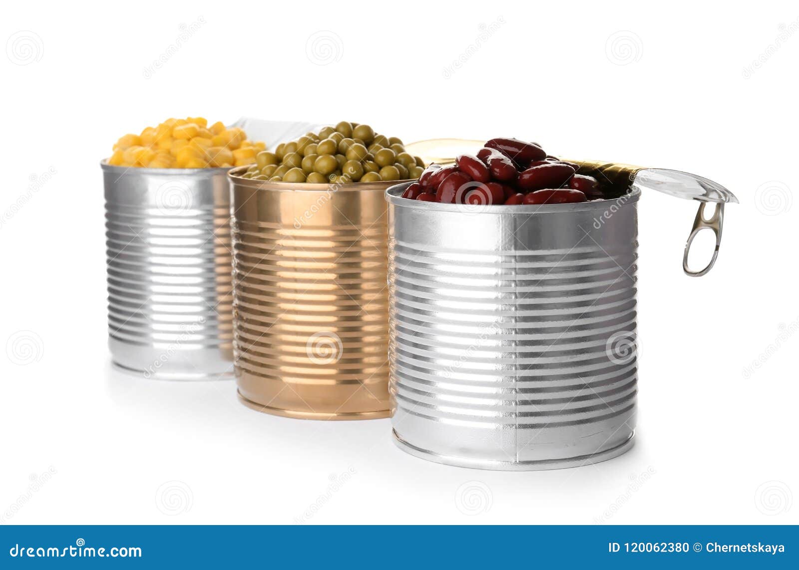 Tin Cans with Conserved Vegetables, Isolated on White Stock Photo