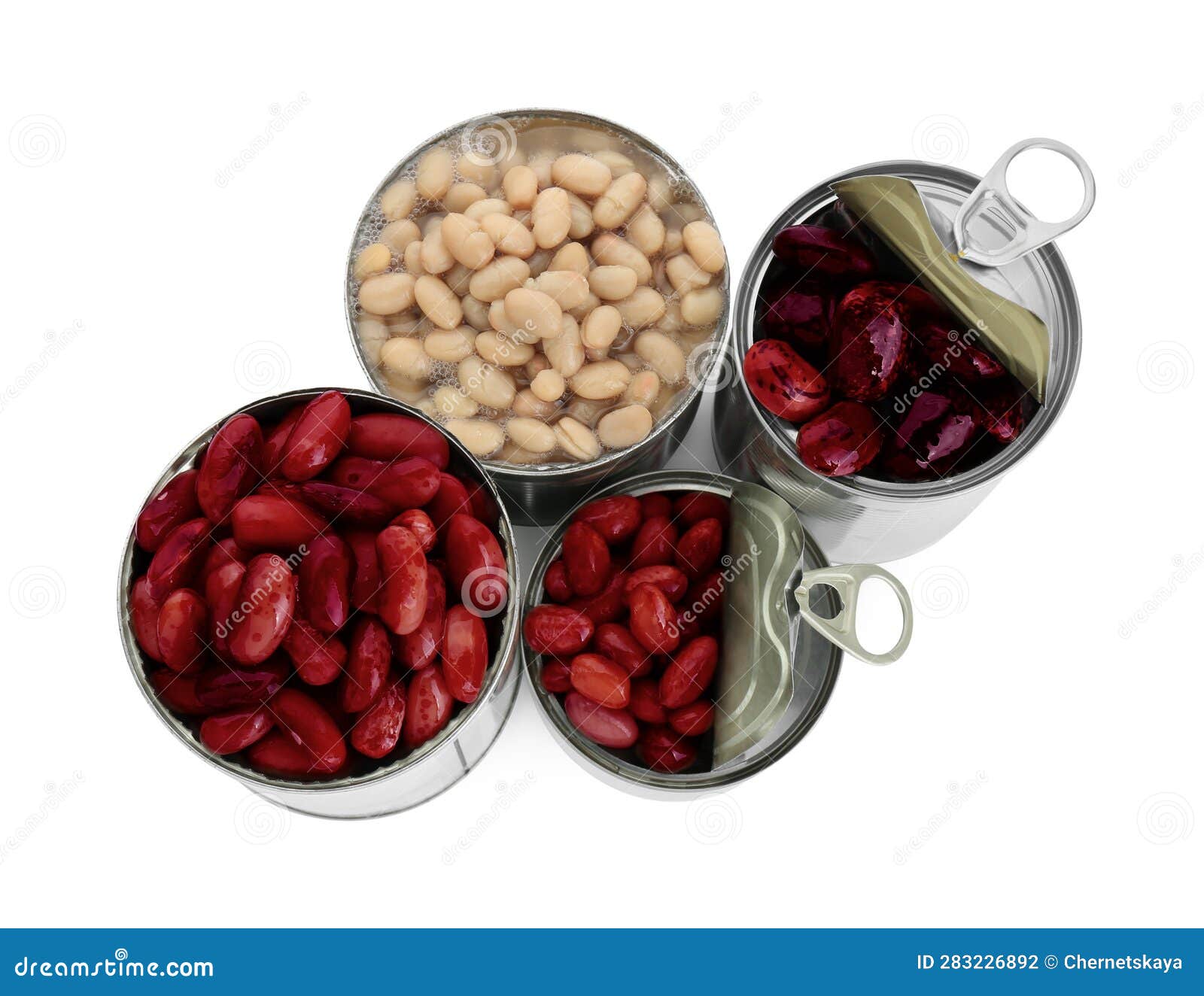 Tin Cans with Different Kidney Beans on White Background, Top View