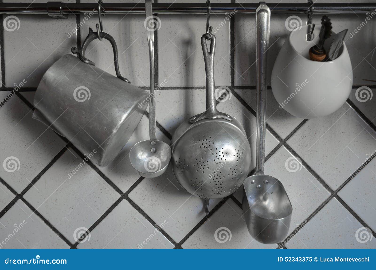 Tin Coocking Utensils Hanging in Kitchen Stock Image Image of utensil