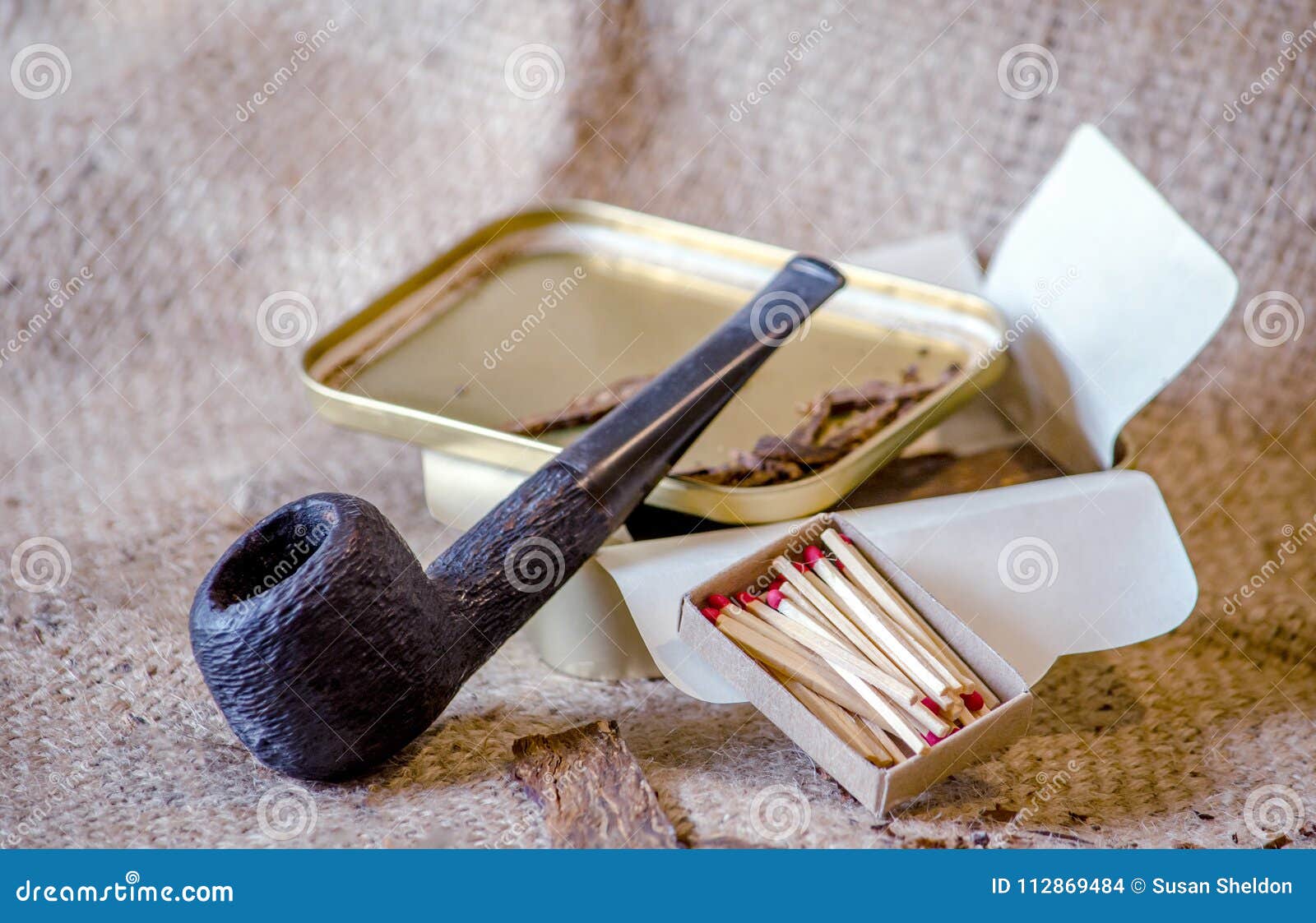 Smoking Pipe on Burlap with Match Sticks Stock Photo Image of bowl