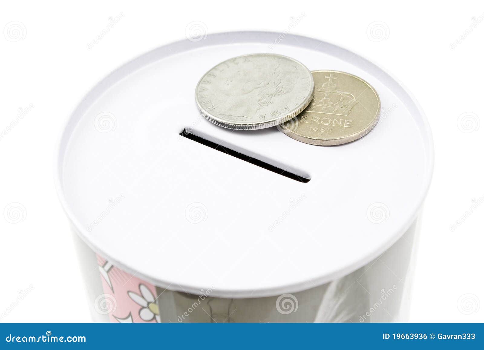 Tin money box with coins stock photo. Image of donation 19663936