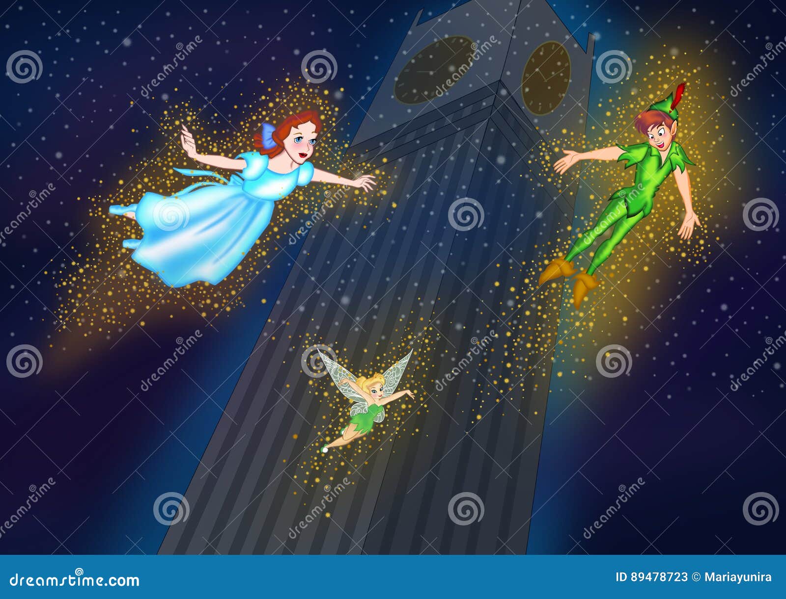 Tinkerbell Peter Pan Et Vol De Wendy Dans Le Ciel Nocturne Photo stock