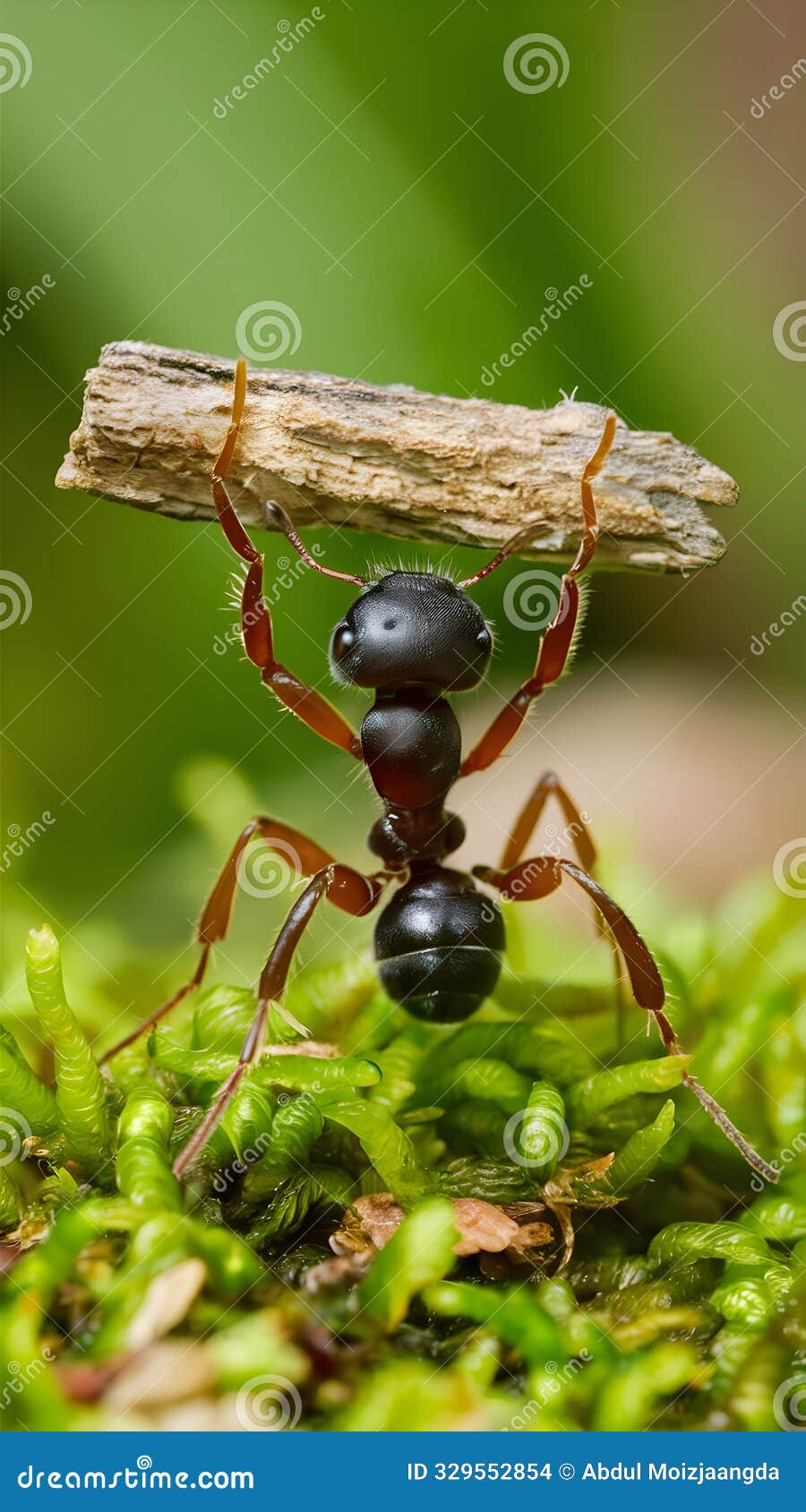 tiny ant on vibrant green moss, holding small piece of wood
