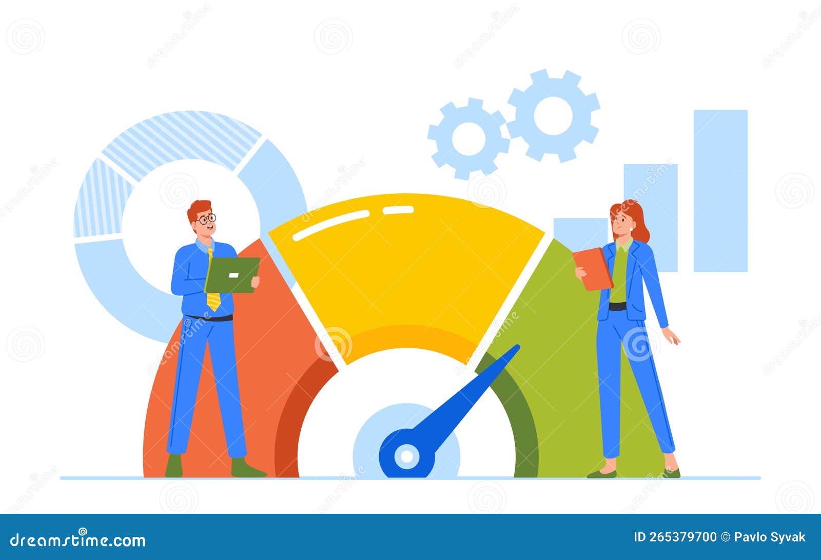 Tiny Business Characters with Tablets Analyzing Huge Rate Scale Charts