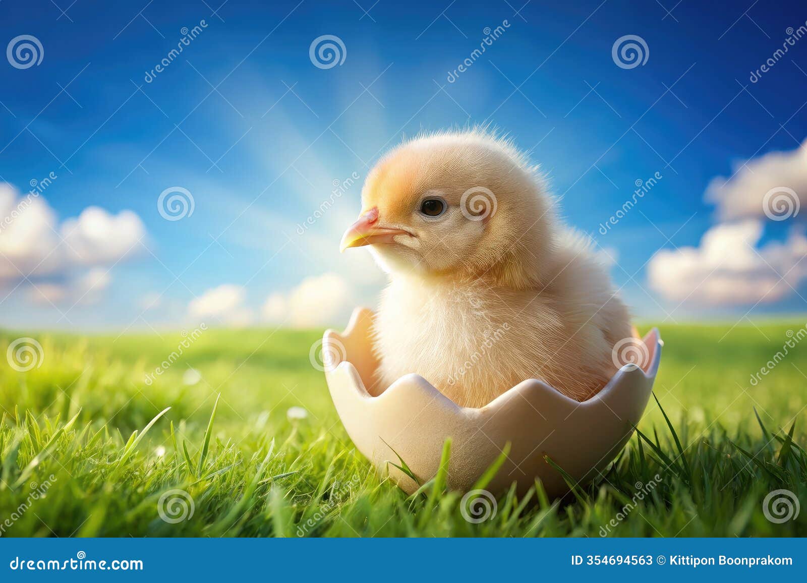 a tiny chickling emerges from its egg shell a serene sunrise scene in a spring meadow a beautiful