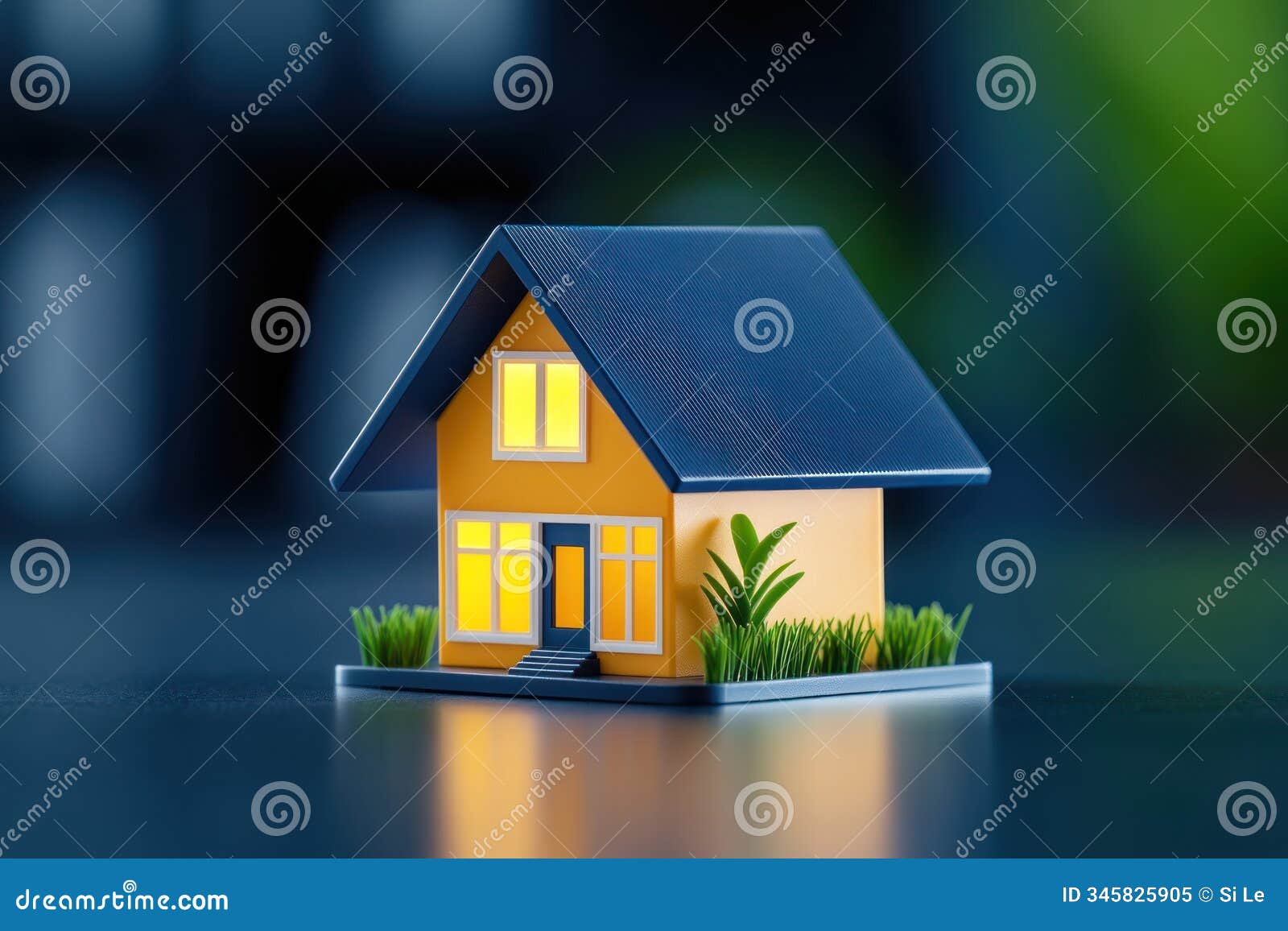 tiny house with greenery on table near blurry bookshelf