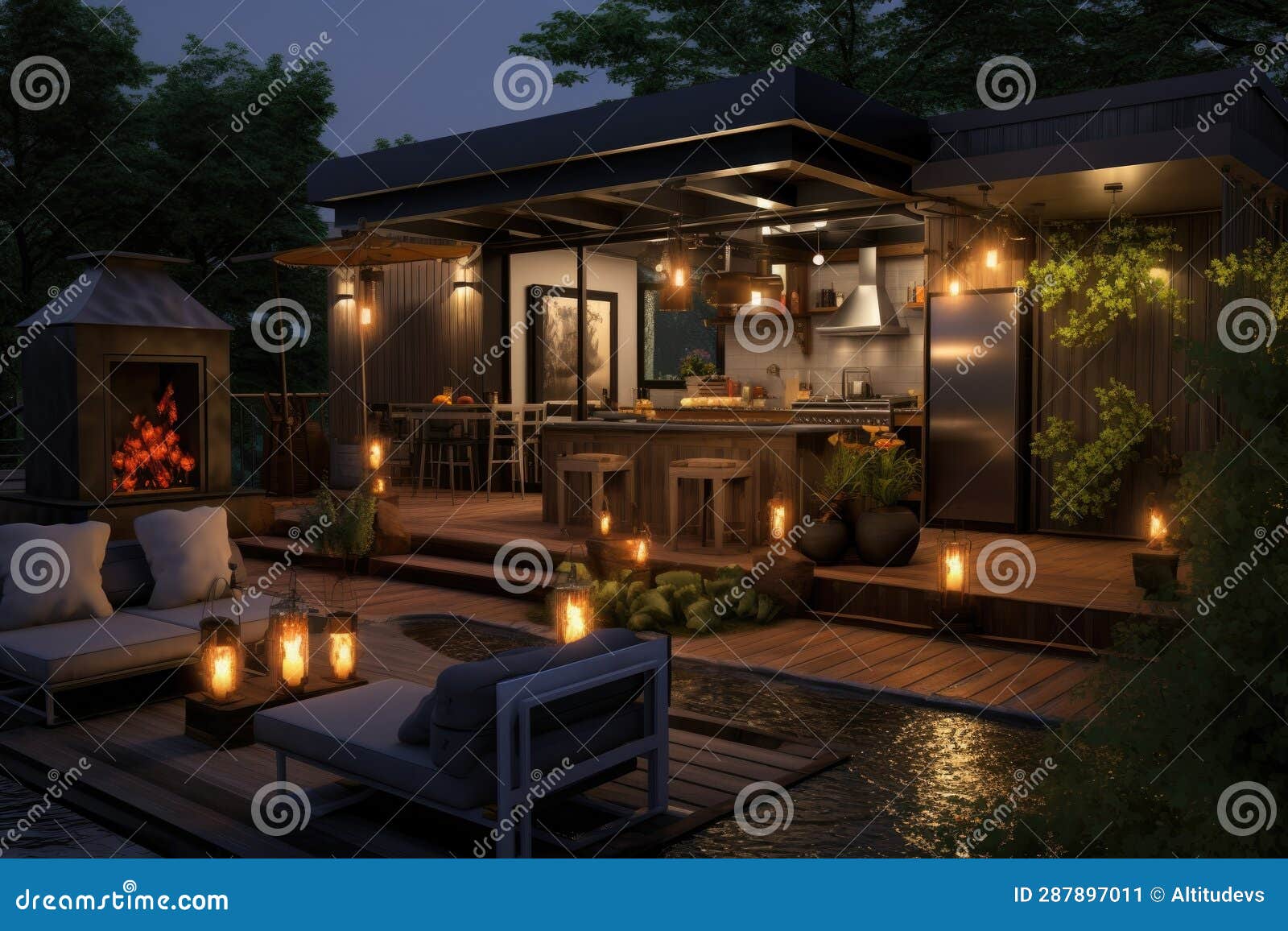 Tiny House with Outdoor Patio and Fire Pit Stock Image Image of