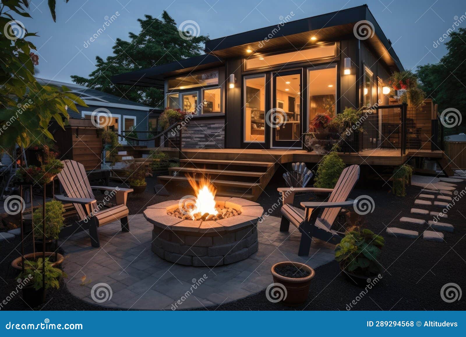 Tiny House with Outdoor Patio and Fire Pit Stock Photo Image of