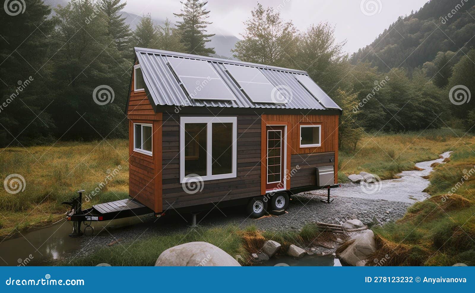 A Tiny House with a Solar Panel on the Roof. Generative AI Image. Stock