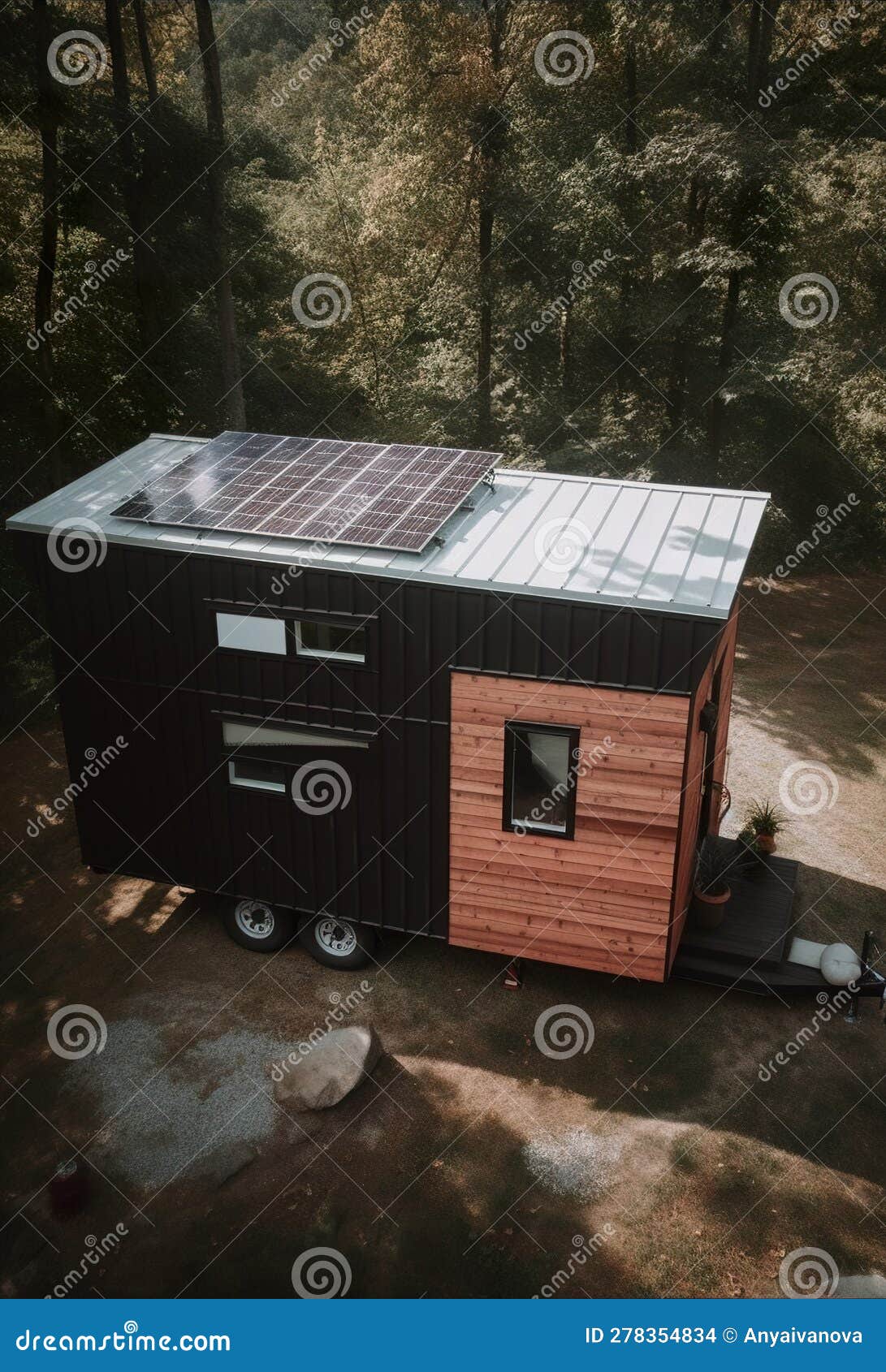A Tiny House with a Solar Panel on the Roof. Generative AI Image. Stock