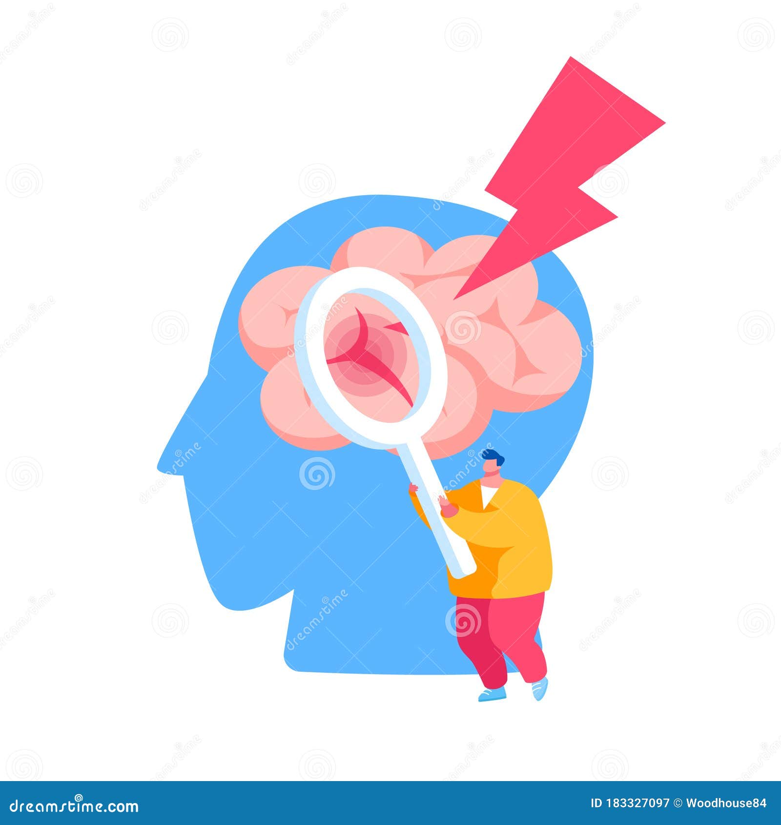 tiny male character holding magnifying glass looking on huge human head with apoplexy attack or brain stroke