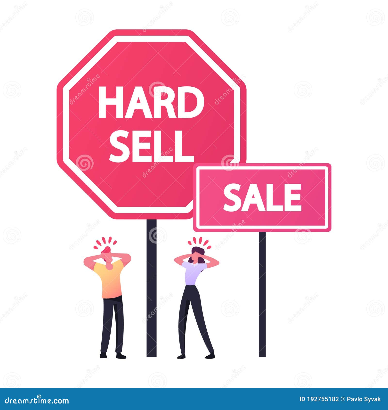 tiny male and female characters suffer of intrusive adware stand at huge hard sell and sale promo advertisement banners