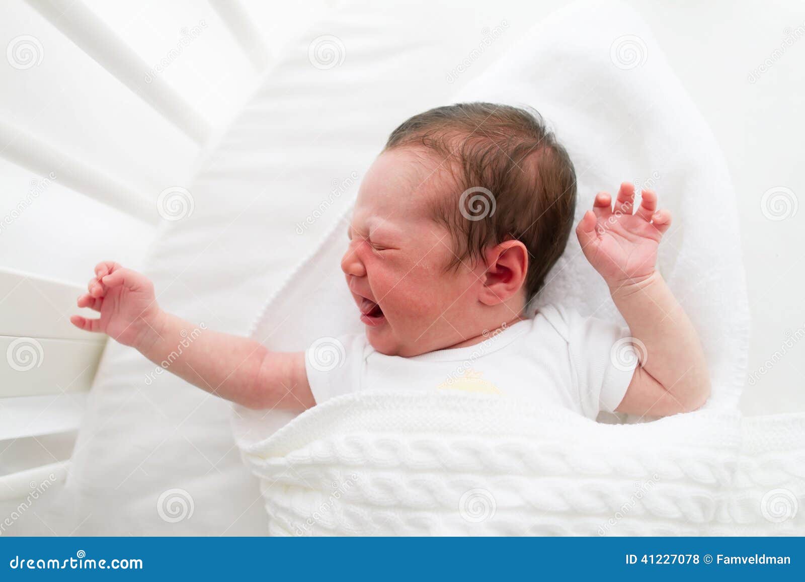 Tiny New Born Baby Screaming In White Round Crib Stock Photo Image Of
