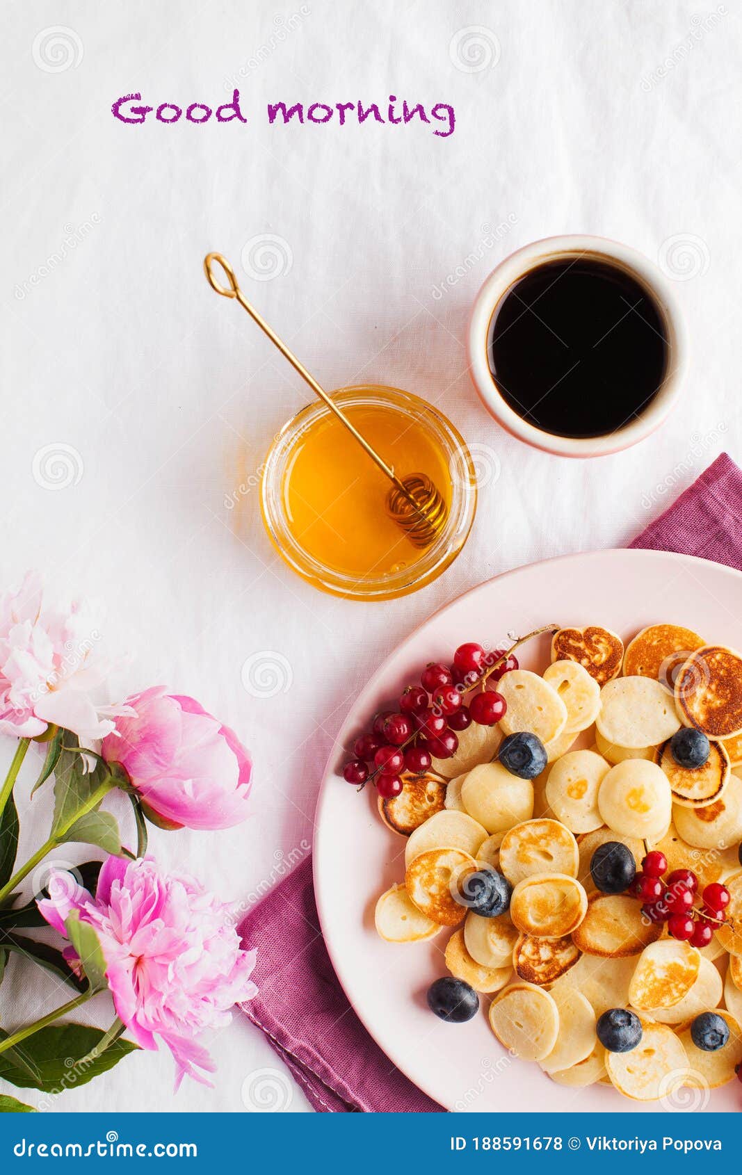 Tiny Pancakes with Berries, Honey, Flowers, Coffee and the Words ...