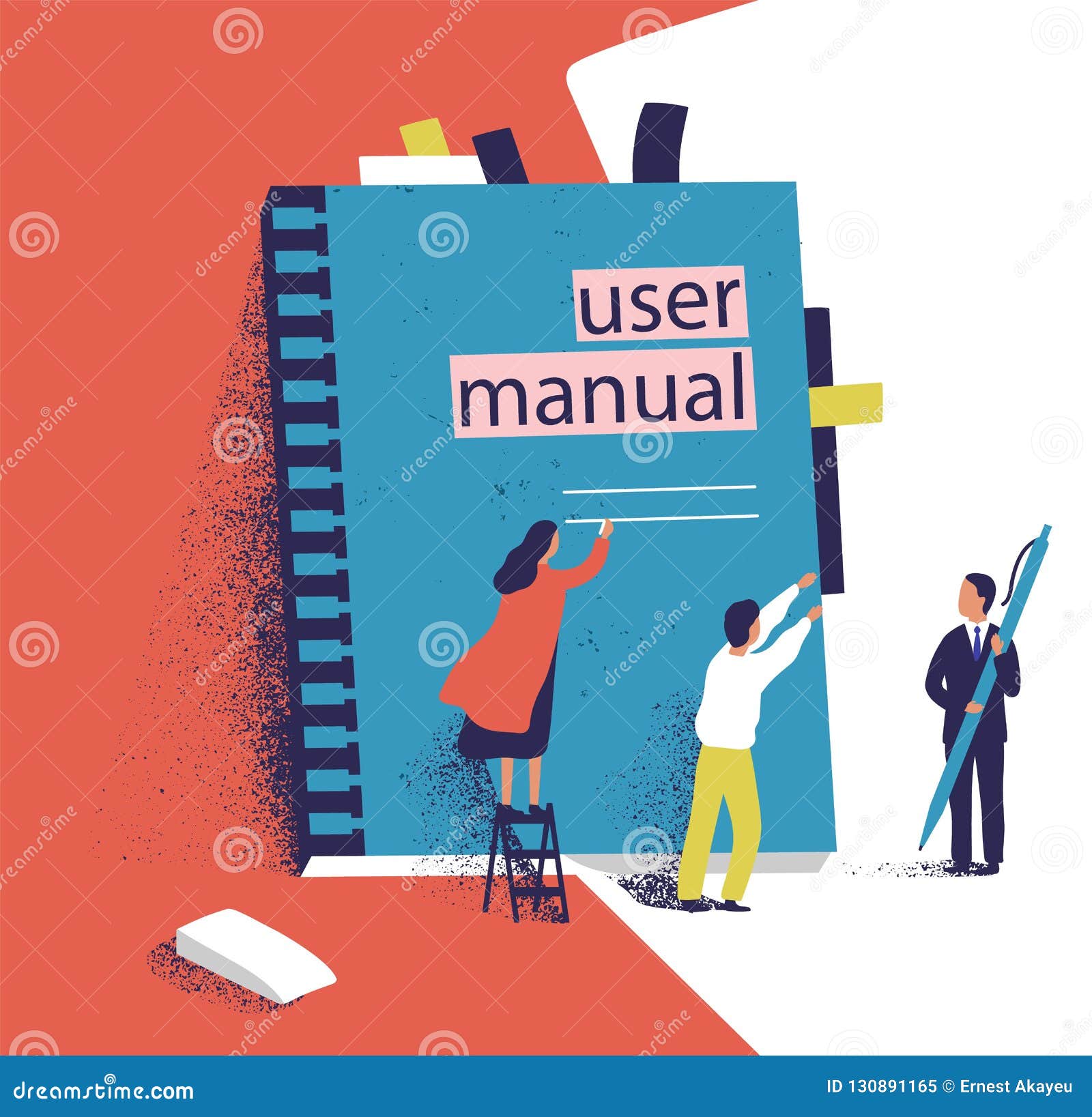 tiny people or managers trying to open giant user manual. small men and women and large computer software guide or